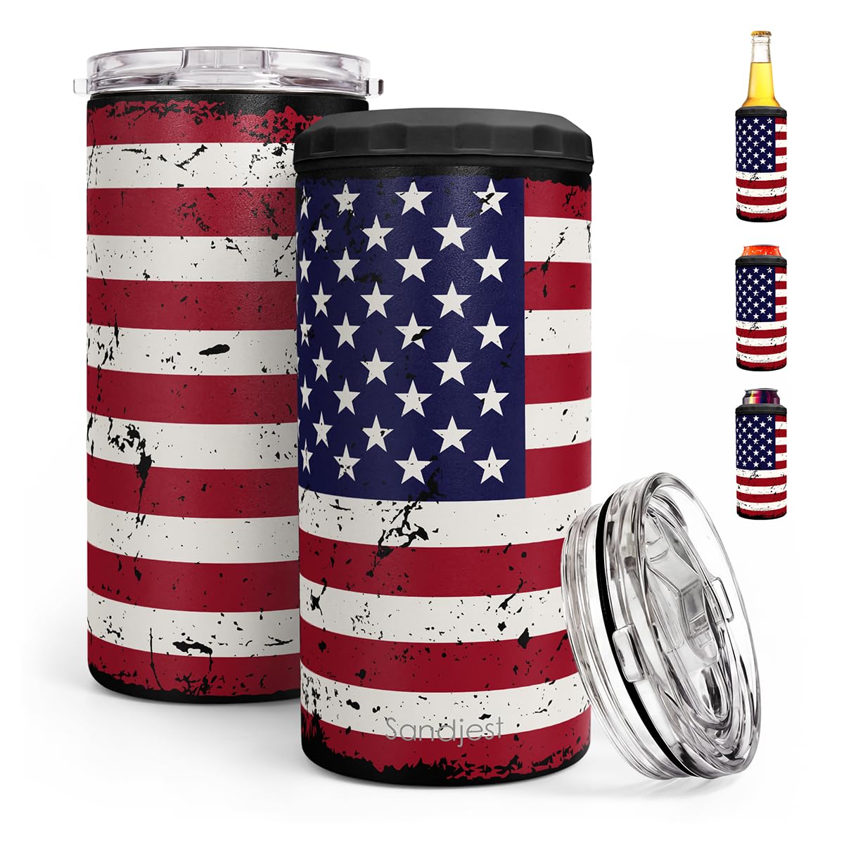 American Flag Can Cooler 12oz - Travel Mug Cups - Stainless Steel Insulated for All - Tumbler Cans Koozie, Gift for Birthday, Christmas