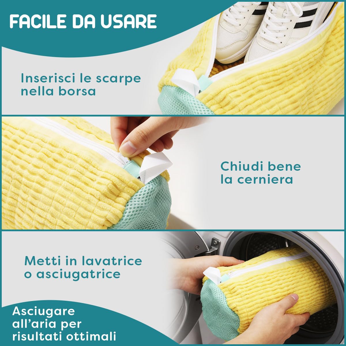 2 Pezzi Sacchetto Scarpe Lavatrice - Riutilizzabili Sacchetti per Scarpe Lavanderia - Pulizia a 360° con Cerniera Rinforzata (Giallo)