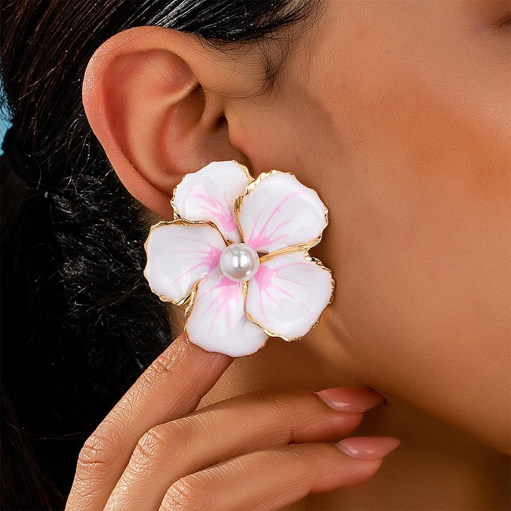 Exquisite White Enamel Flower Pearl Stud Earrings for Women, Boho Dainty Gold Large Floral Petal Earring Fashion Y2K Party Holiday Jewelry Accessories - Image 3