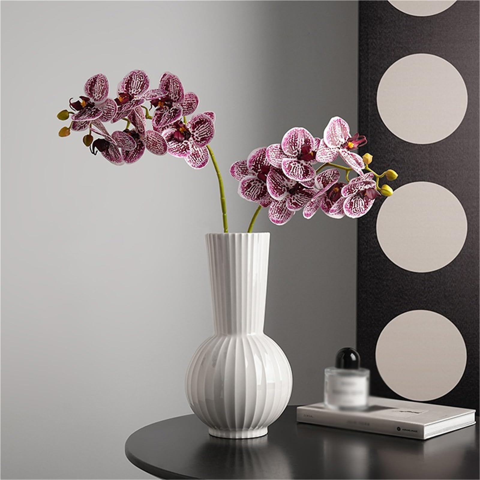 Weiße Keramikvase, Boho-Dekor, Bauernhaus-Dekovase, gestreifte Dekoration, moderne Vase für Wohndeko, Wohnzimmer, Eingangsbereich, Hochzeit(L)