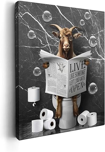 Kasluolo Divertida cabra sentada en el inodoro, arte de pared de baño, decoración de pared de cabra en blanco y negro, imágenes divertidas de casa