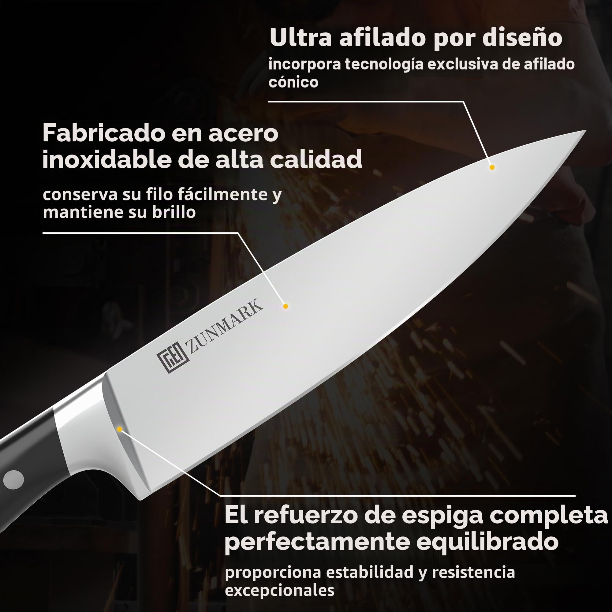 Juego de cuchillos de cocina profesional ZUNMARK – 13 piezas con bloque y afilador, juego de cuchillos chef ultraafilados, ideal para particulares y profesionales, diseño negro elegante