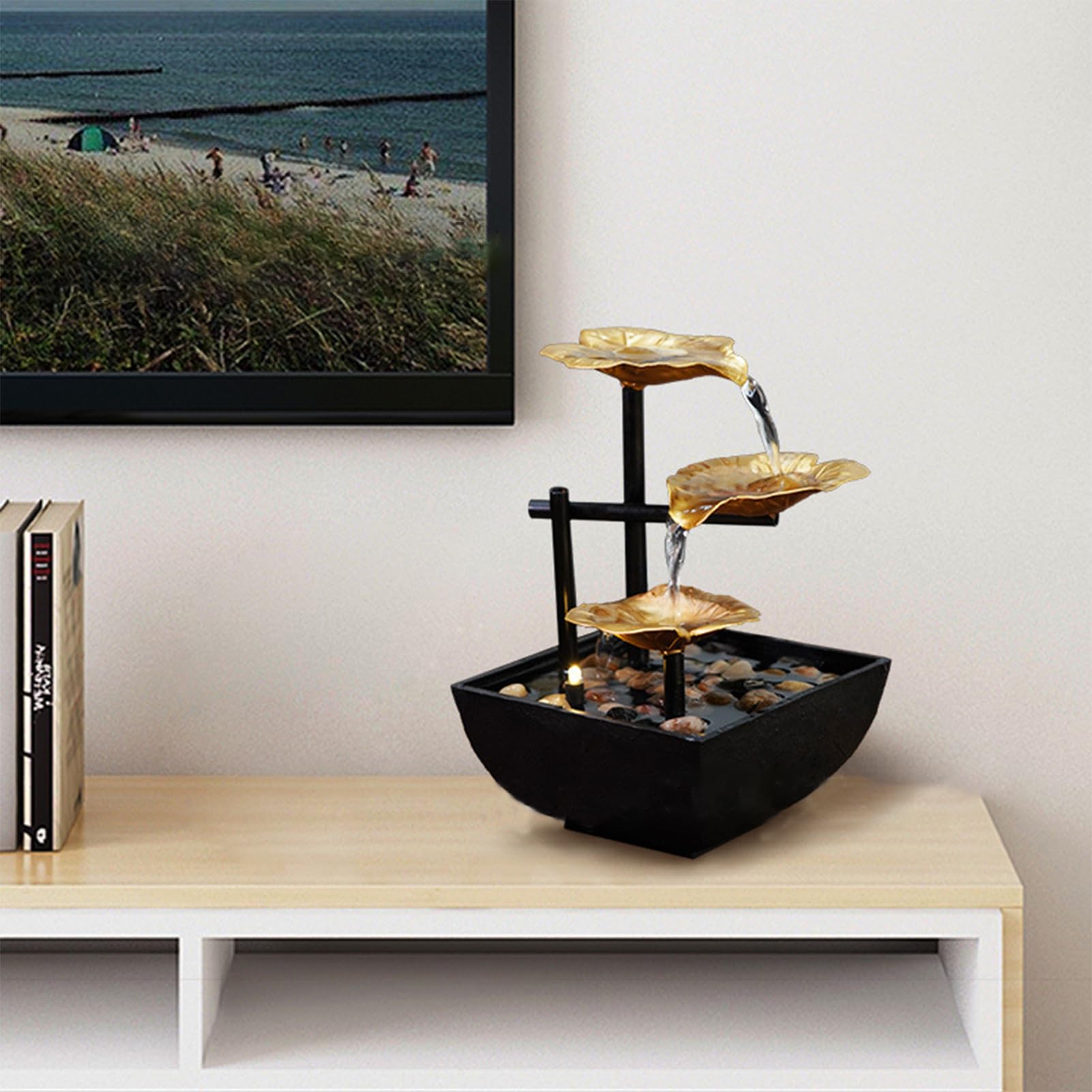 Fontaine de Bureau d'intérieur,Cascade Ornements d'eau Courante,Décor de Table Zen Moderne en Métal,avec Lumières LED,pour la Décoration de la Maison,L'ameublement de Bureau,Chambre (Or)