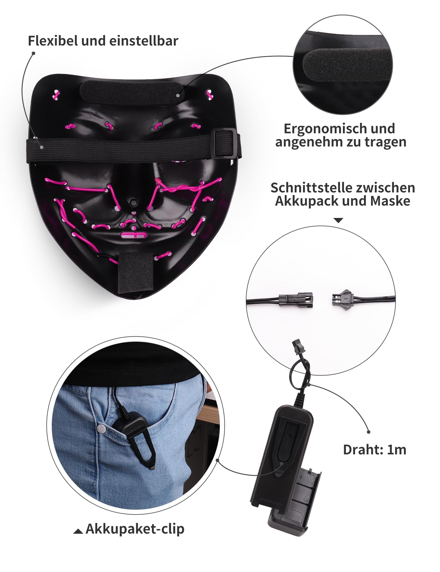 AnanBros - Maschera per Halloween, con luci a LED, maschera, per Halloween, 3 modalità di illuminazione, per cosplay e feste
