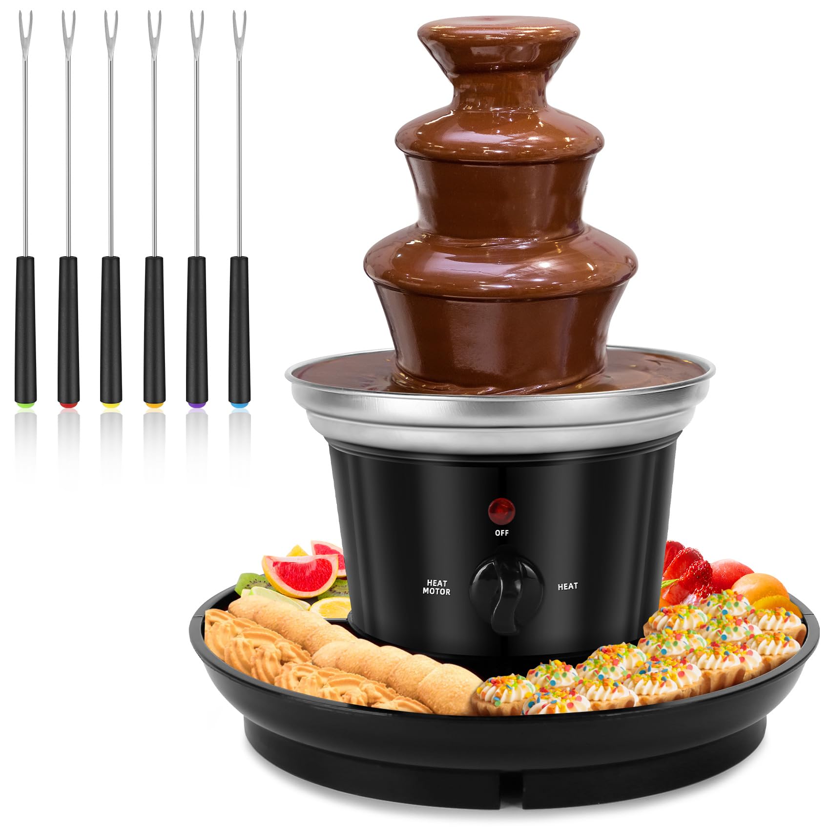 3-Tier Electric Melting Machine,20-OZ Chocolate Fountain with 6Pcs Forks and Removable Serving Tray,Mini Hot Chocolate Fondue Pot Fountain Party Fondue for for Nacho Cheese, BBQ Sauce,Ranch,Liqueurs