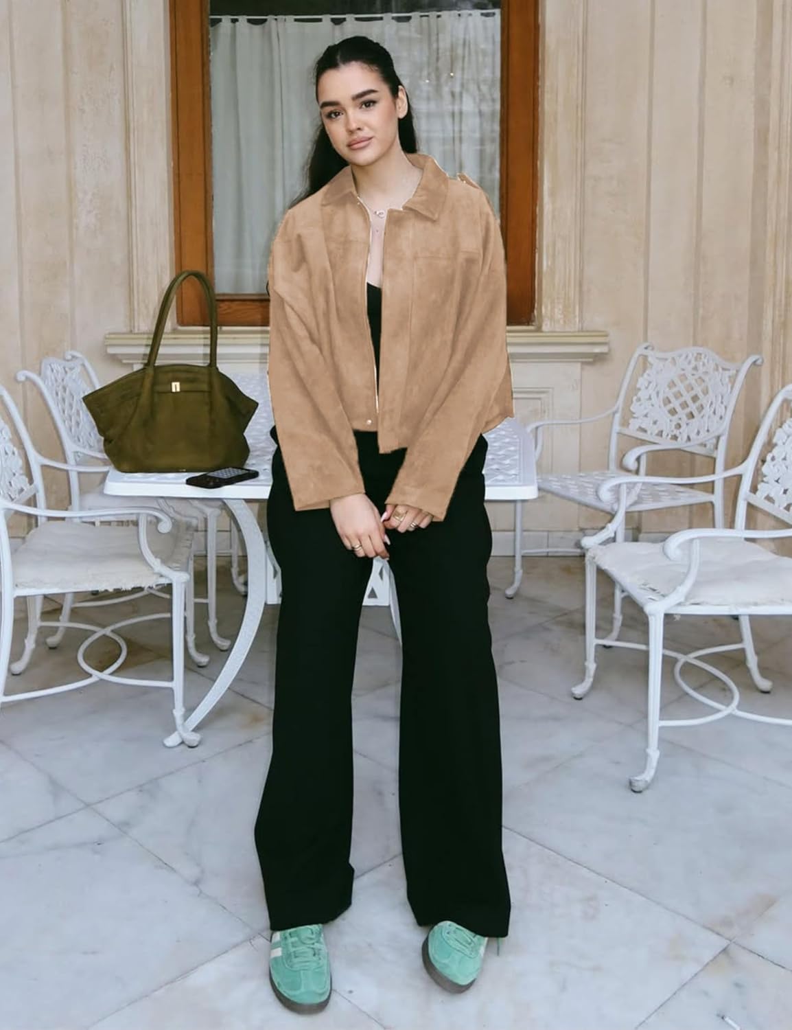 Women's Cropped Faux Suede Bomber Jacket Fall Casual Oversized Shacket Coat Long Sleeve Trendy Outerwear - Image 7