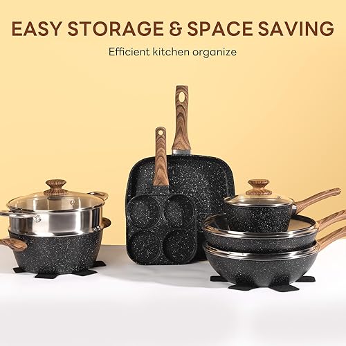 Miniatura 7 de Sweetcrispy Juego de 17 ollas y sartenes antiadherentes, juego de cocina no tóxico con asas que se mantienen frescas, negro natural