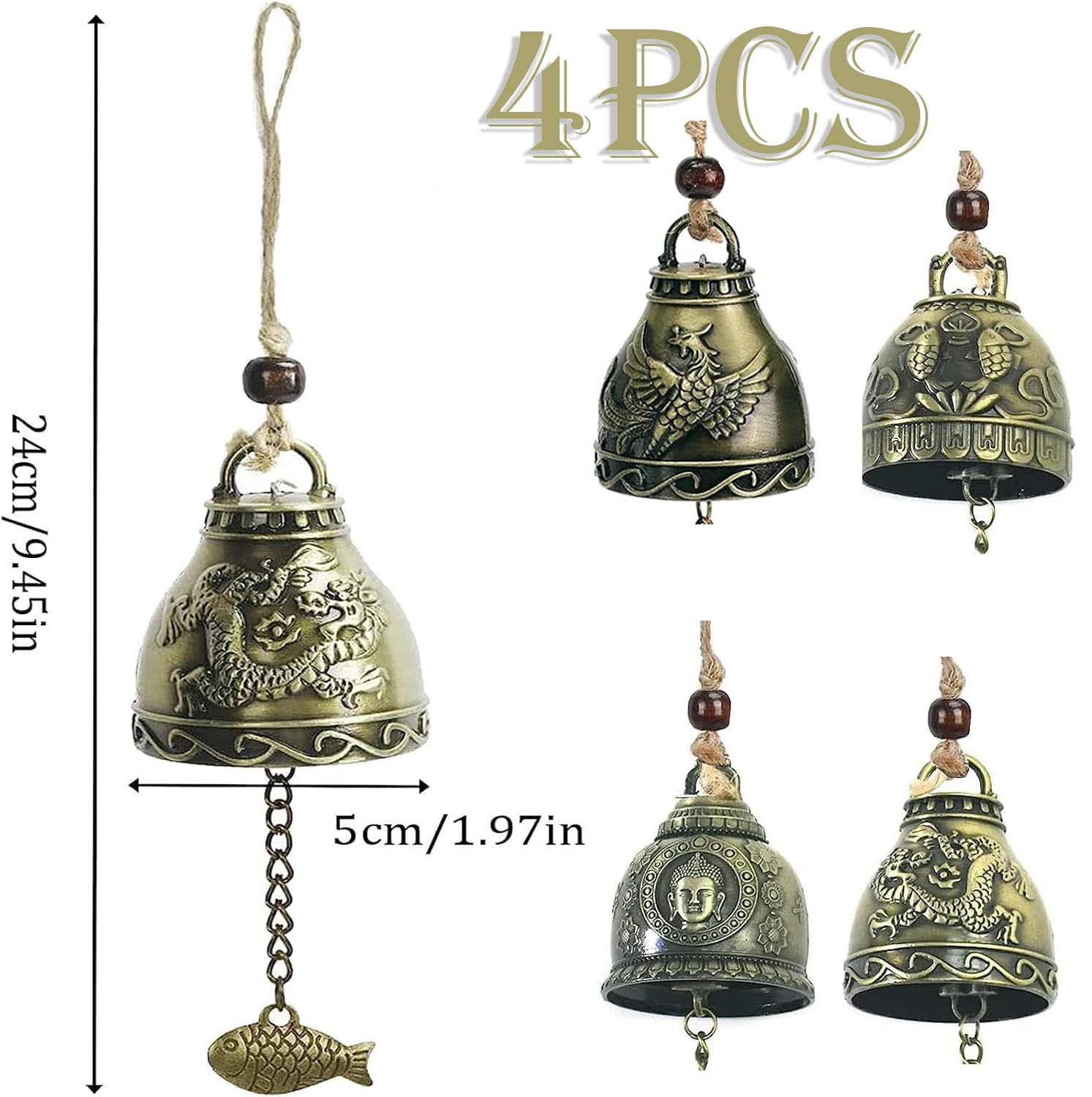 4 Pezzi Campanelli Eolici Feng Shui, Campanelli Eolici Cinesi Fengshui, Motivo Pesce Drago, Vintage Campana d'Epoca, per Giardino di Casa