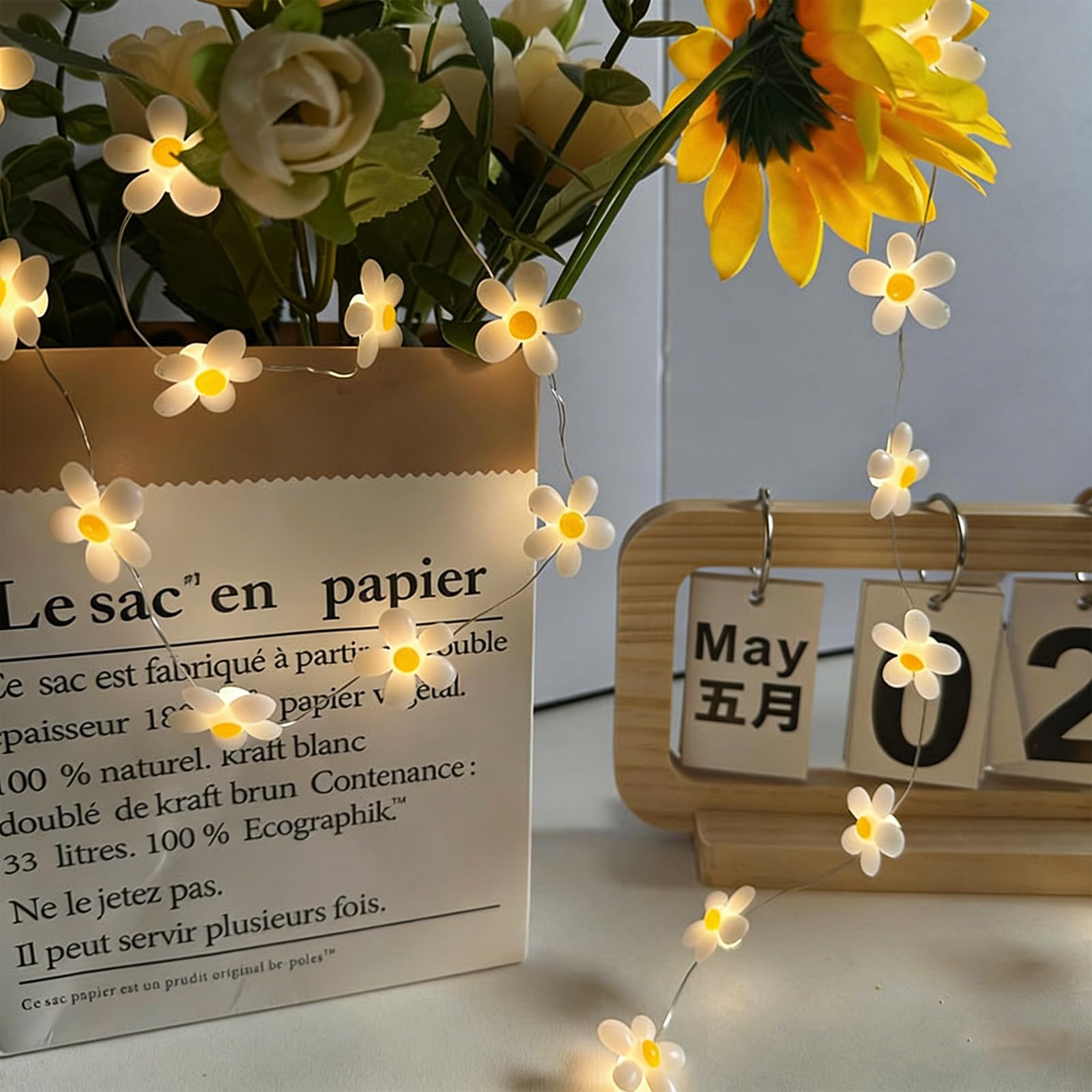 Guirnalda de Luces Artificiales,20 LED Guirnaldas de Luces 2M,Guirnalda de Luces de Margaritas,Cadena de Luz de Hadas,para Interiores,Bodas,Cumpleaños,San Valentín