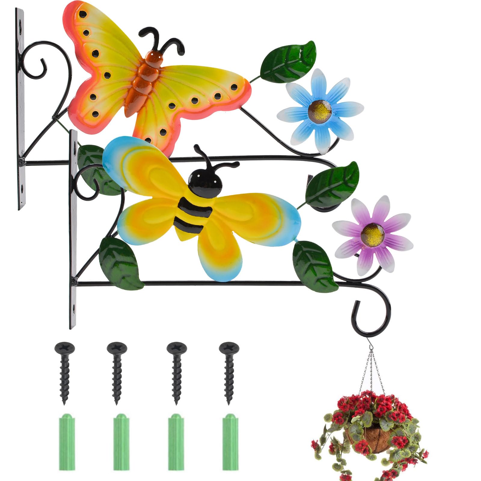 MOROBOR Wall Hanging Plant Bracket, 2Pcs Iron Hook Black Wall Mount Lanterns Racks for Hanging Bird Feeders Lanterns Wind Chimes Plant Pot/Butterfly and Bee