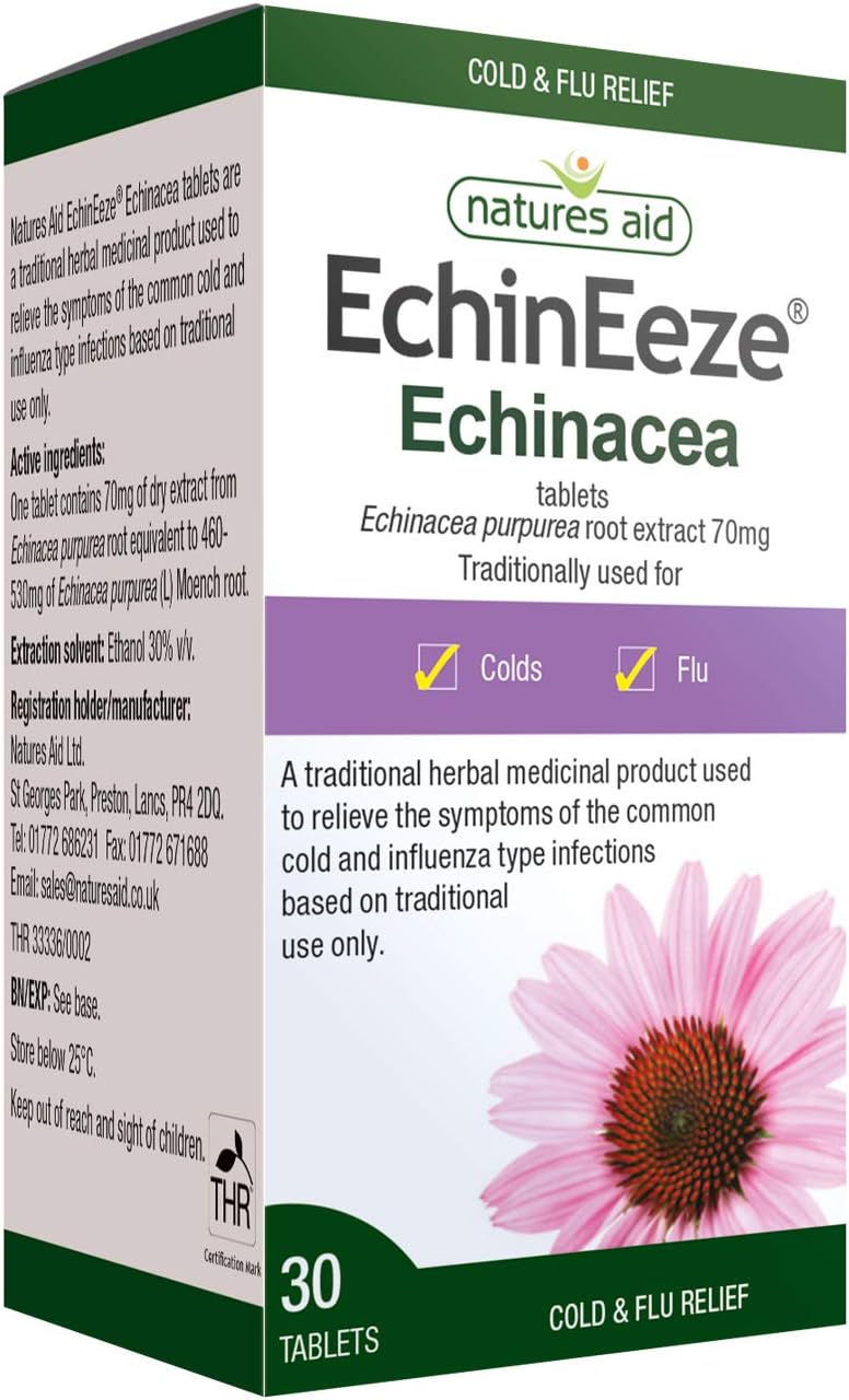 Natures Aid EchinEeze Echinacea, Relief of Symptoms of the Common Cold, Vegan, 30 Tablets