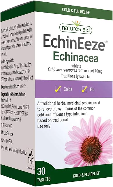 Natures Aid EchinEeze Echinacea, Relief of Symptoms of the Common Cold, Vegan, 30 Tablets
