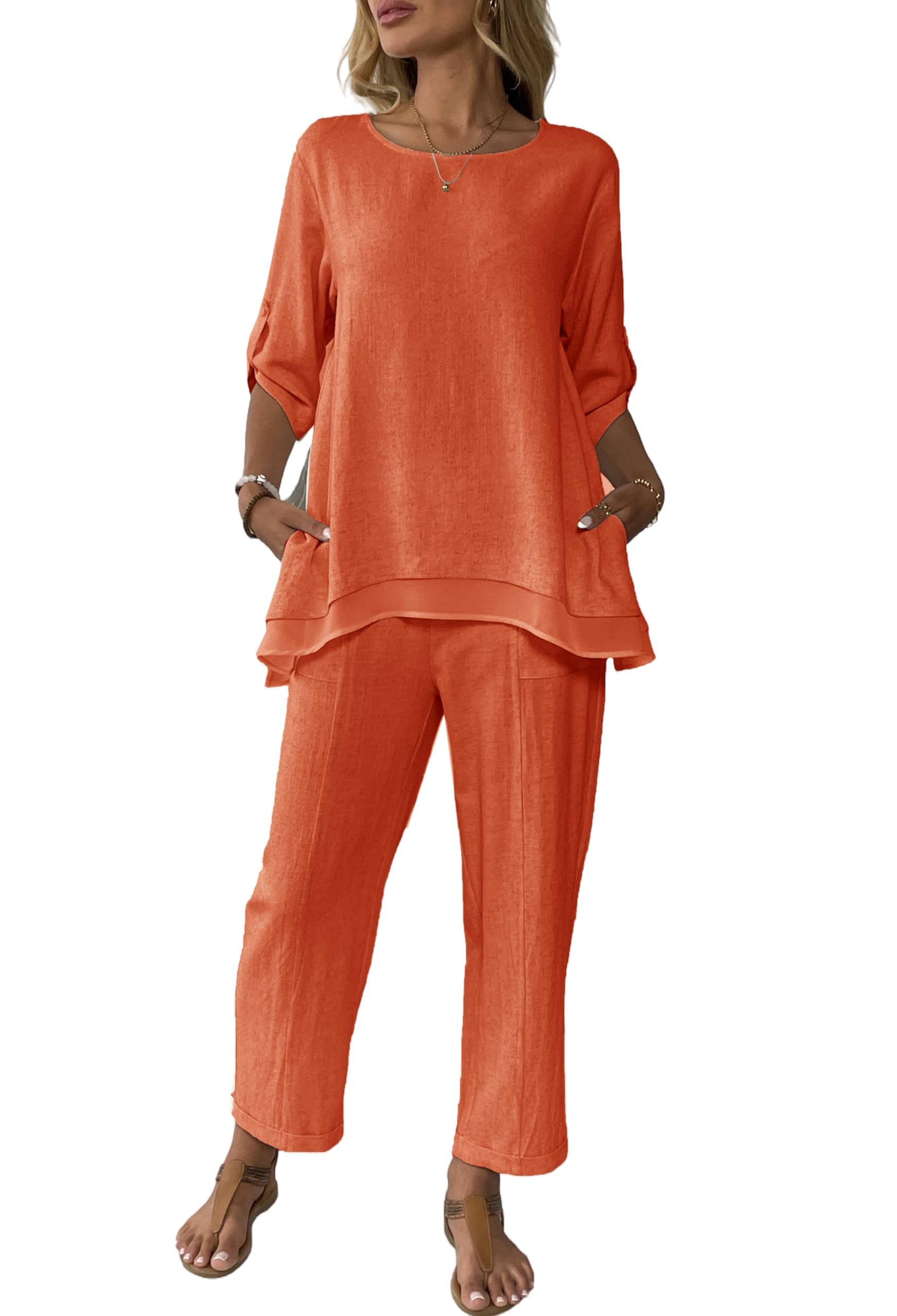 Womens Linen 2 Piece Outfits Rolled Sleeves Tops Wide Leg Trouser Pants Suits Summer Casual Dressy Linen Sets