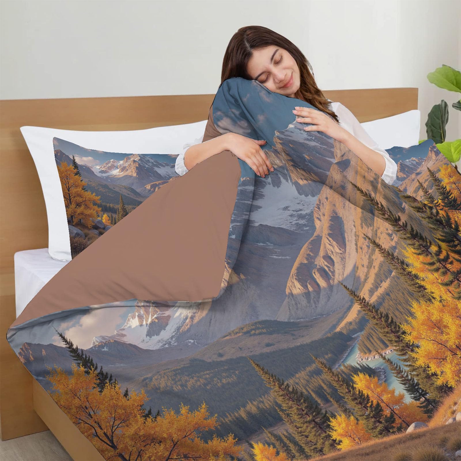 Set Copripiumino Matrimoniale Naturalmente Fiume Serpeggia, Biancheria da Letto Montano Autunnale in Morbida Microfibra 3D Copri piumino 200x200cm con Cerniera e 2 Federe 50x75 cm