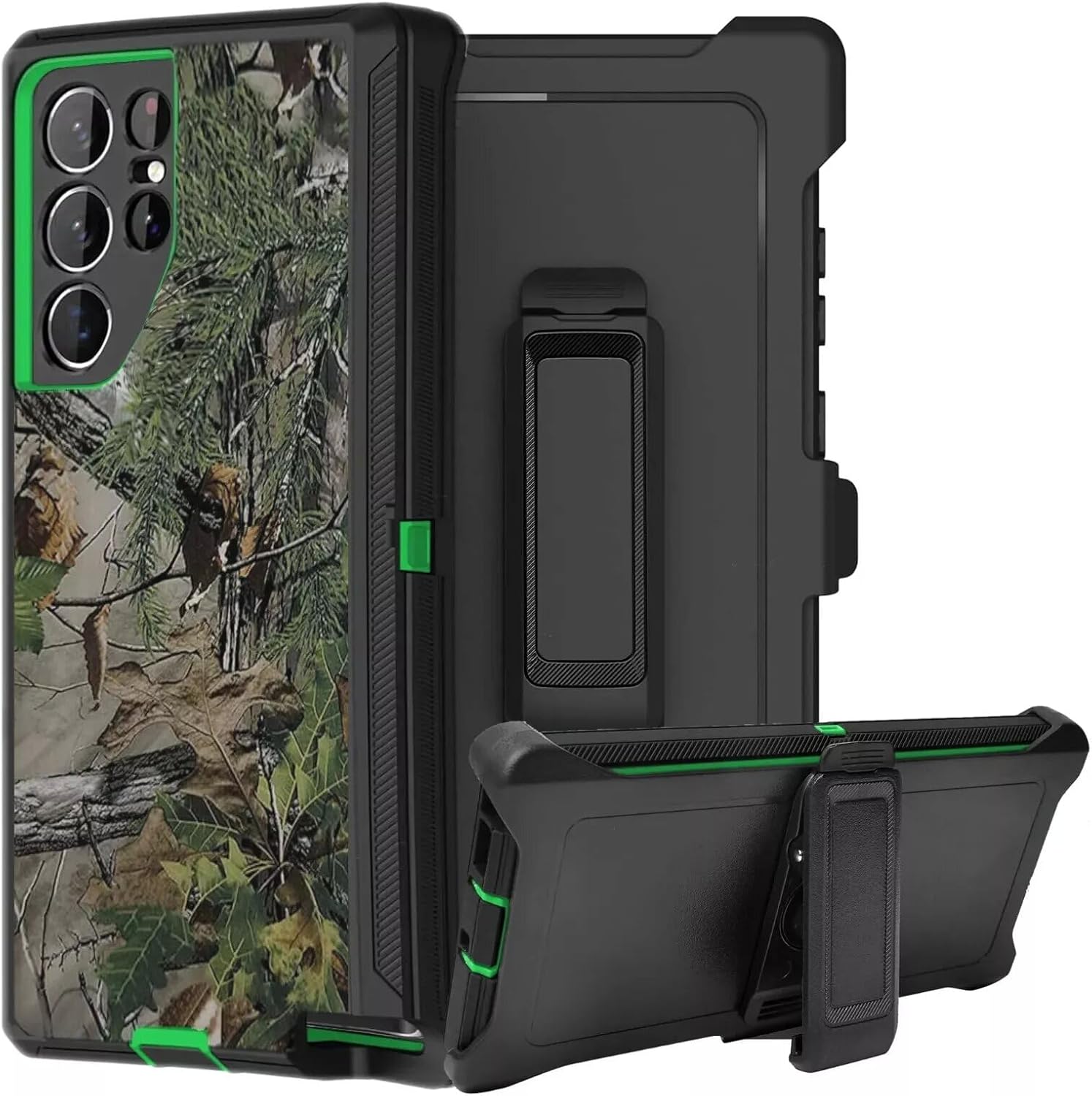 Galaxy S24 Defender Case, Camo Designed Protective Defender Shockproof Hybrid Case Dual Layer Design Hard Cover with Belt Clip Compatible with Samsung Galaxy S24 (Clip+Camo Green Tree)