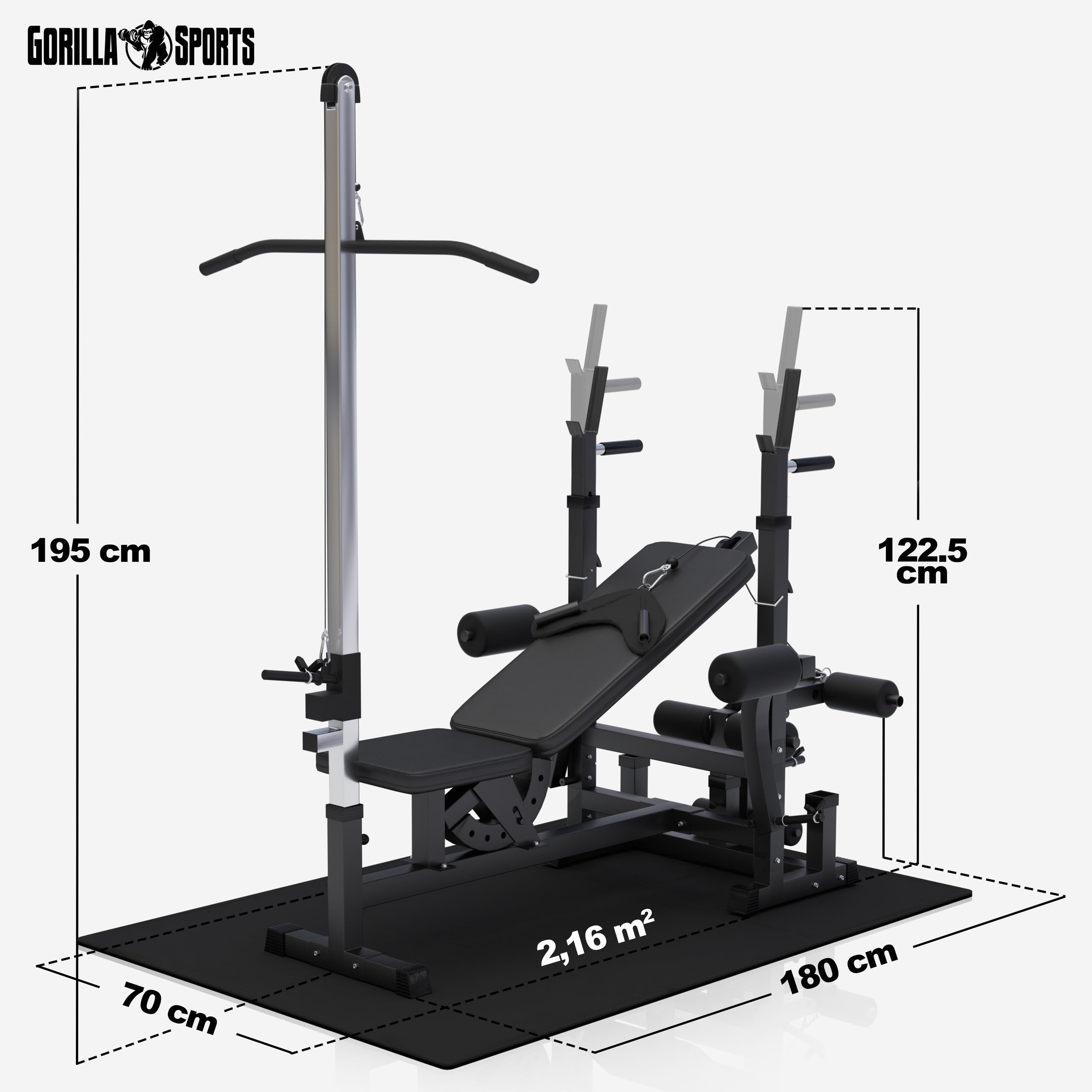 GORILLA SPORTS® Panca Multifunzione - 46 Pezzi, Panca Regolabile, Portabilanciere, Butterfly, Lat Machine, Tappetino Fitness, 2 Bilancieri, 2 Manubri, 14 Dischi 100 kg - Stazione Fitness