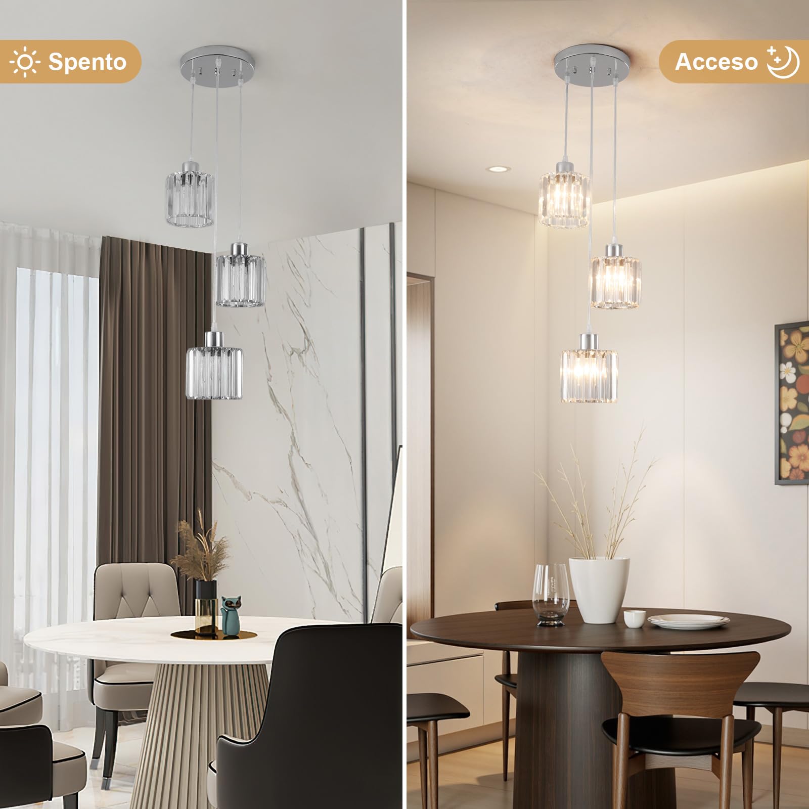Lampadario a sospensione cristallo 3 luci,Lampadari moderni cromo,E27 Lampadario Camera da letto,regolabile in altezza,Lampada per Soggiorno,Cucina,Bagno,Corridoio,Sala da Pranzo