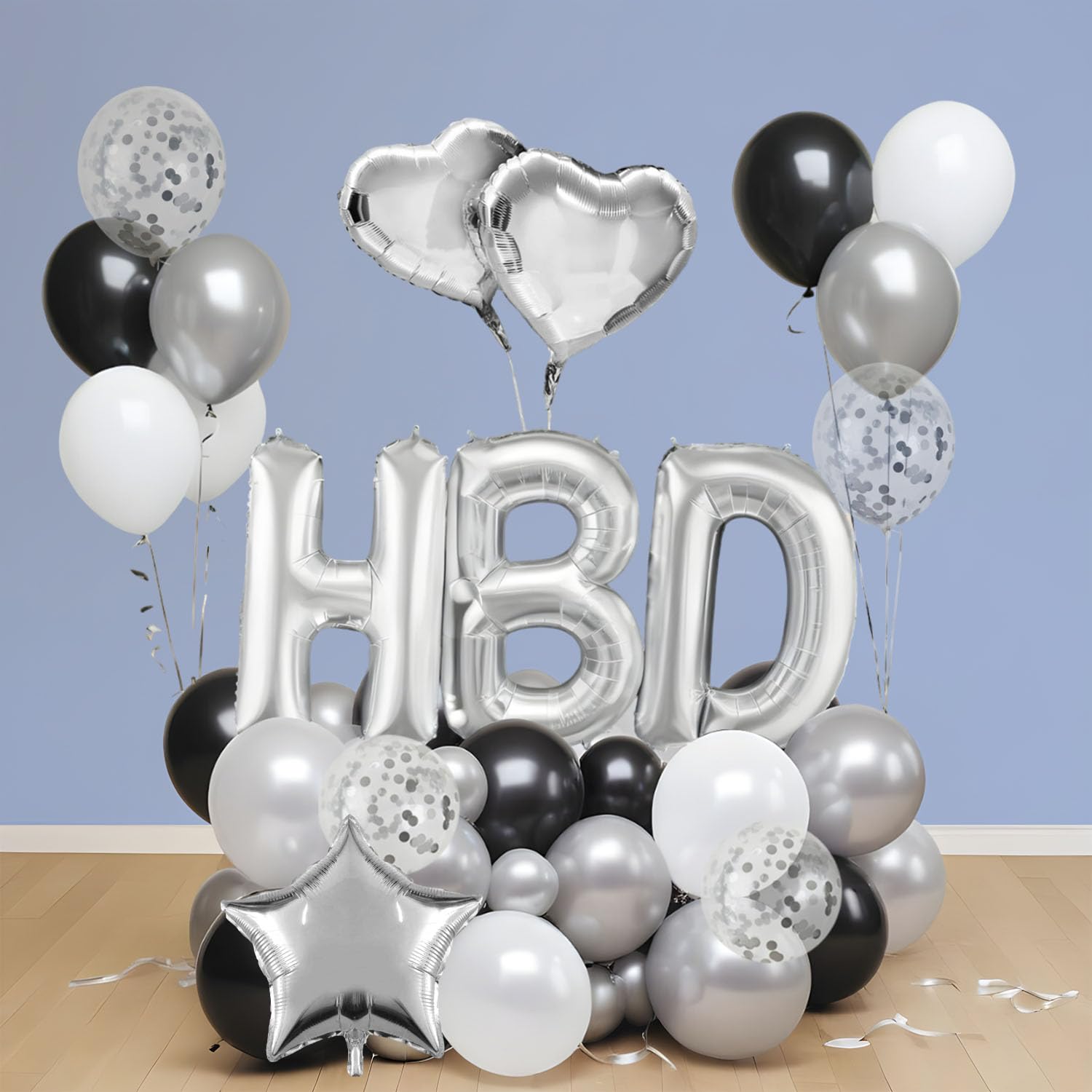 Party Propz Silver Theme Birthday Decoration Items - 35 Pcs Birthday Decoration Kit | Happy Birthday Banner | Foil Balloons | Birthday Balloons for Decoration | Confetti Balloons (Foil,Latex) 2