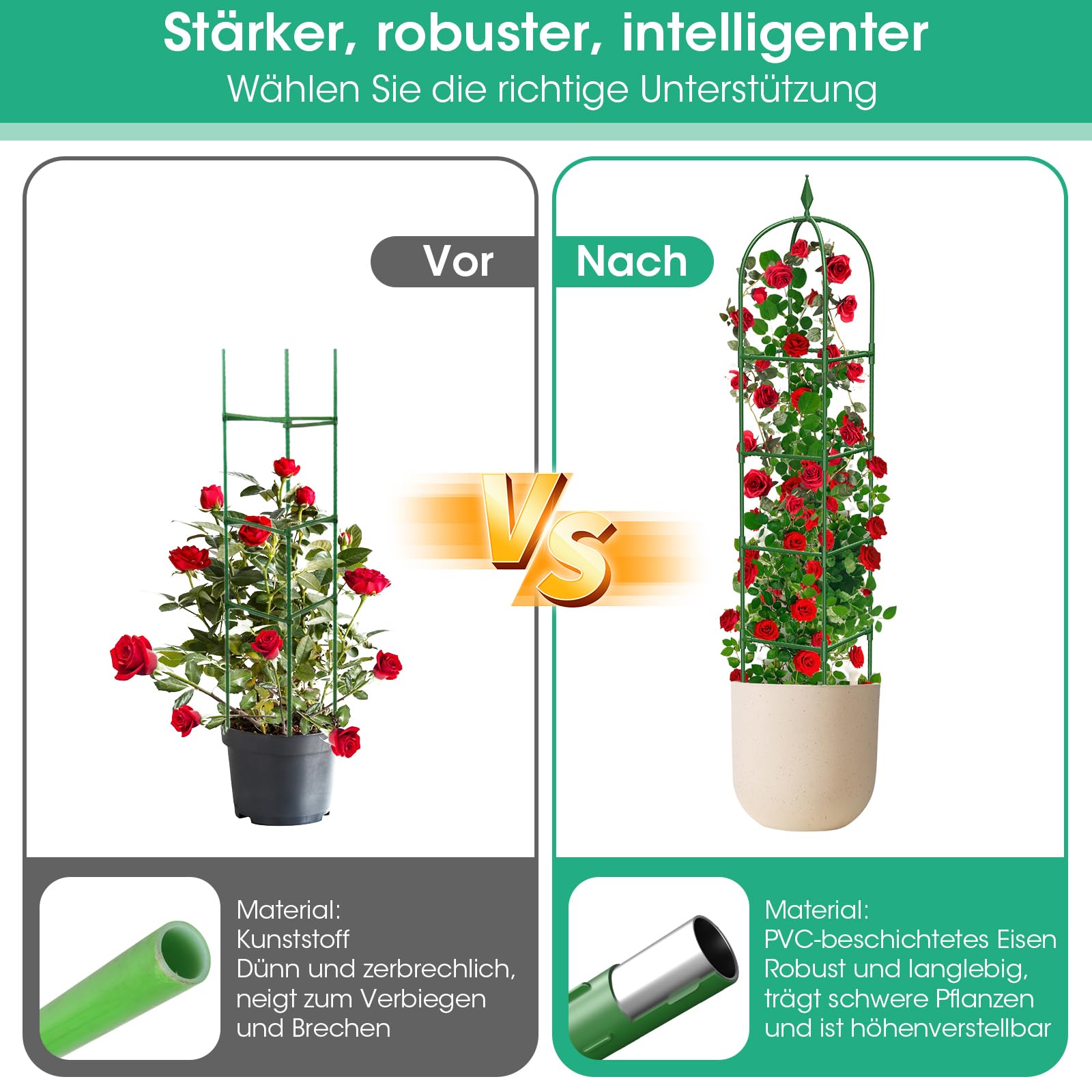 2er Set Garten Obelisk Rankgitter, 180 cm Rankhilfe Zimmerpflanzen, Pflanzturm Rostschutz Pulverbeschichtung, Rankhilfe Obelisk für Rosen Clematis Kletterpflanzen, Innen & Außen, Grün (4 Schichten)