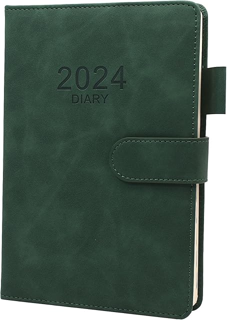 Academic Diary 2024, A5 Day Per Page, Faux Leather 2024 diary from Jan 2024 to Dec 2024, Productivity A5 Daily Planner with Monthly Tabs, Bookmark, Pen Loop and Inner Pocket,350 Page (Green)