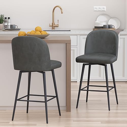 Juego de 2 taburetes de bar tapizados giratorios de 360 de altura de mostrador con respaldo y patas de metal, taburetes de bar de isla de cocina,