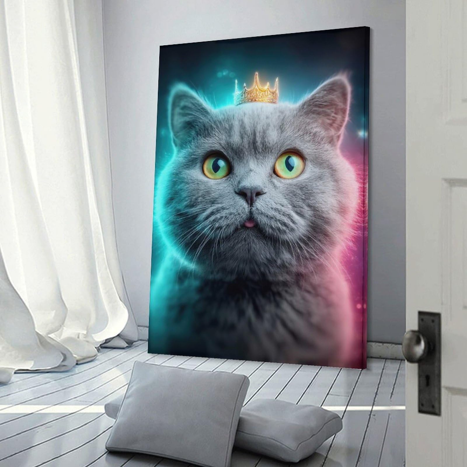 Junmoney Wall Art Print Regal Gray Cat with Crown, 24x36inch(60x90cm), for Home Lounge, Bedroom Or Reading Nook, Canvas Styling for A Polished Room Look