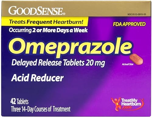 GoodSense Omeprazol - Tabletas de liberación retardada de 20 mg, reductor de ácido estomacal para tratamiento frecuente de acidez estomacal, marrón,