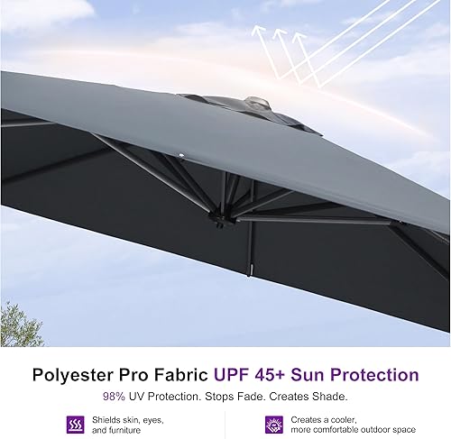 Miniatura 5 de PURPLE LEAF Sombrilla de Patio de 10 Pies para Exteriores Sombrilla Cantilever Cuadrada Sombrilla Offset de Aluminio con Rotación de 360 Grados para