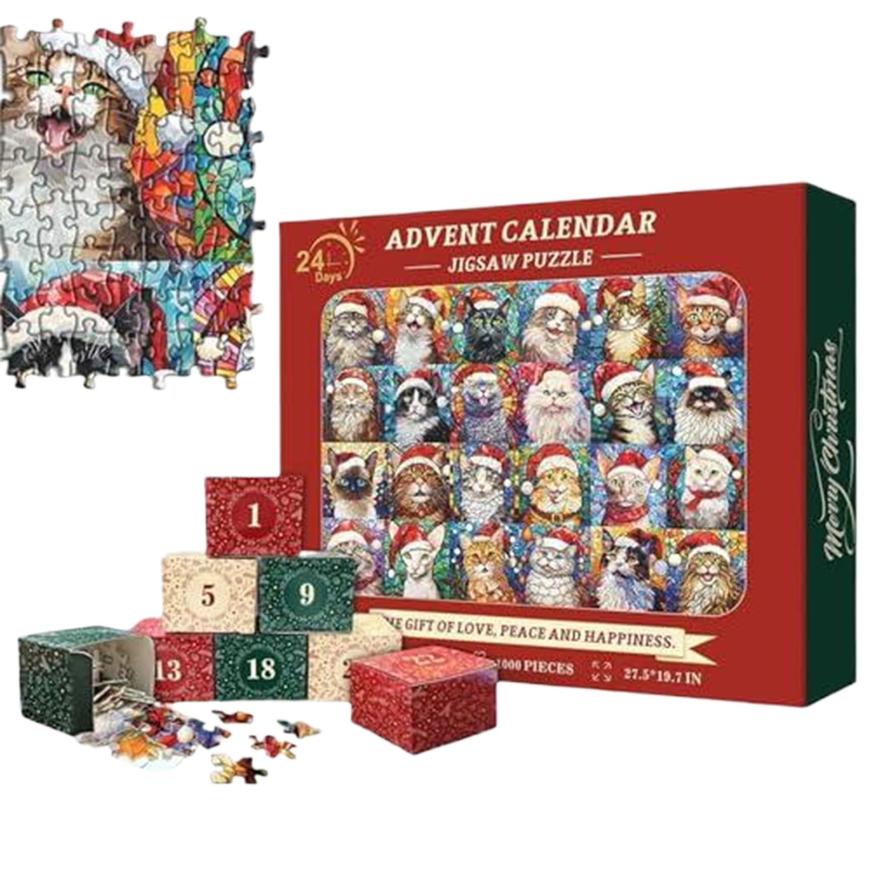 Calendario de adviento de Navidad 2024, 1000 piezas Puzzle de calendario de adviento de gato navideño, 24 días de cuenta regresiva de la familia Familia Game para niños adolescentes adultos..