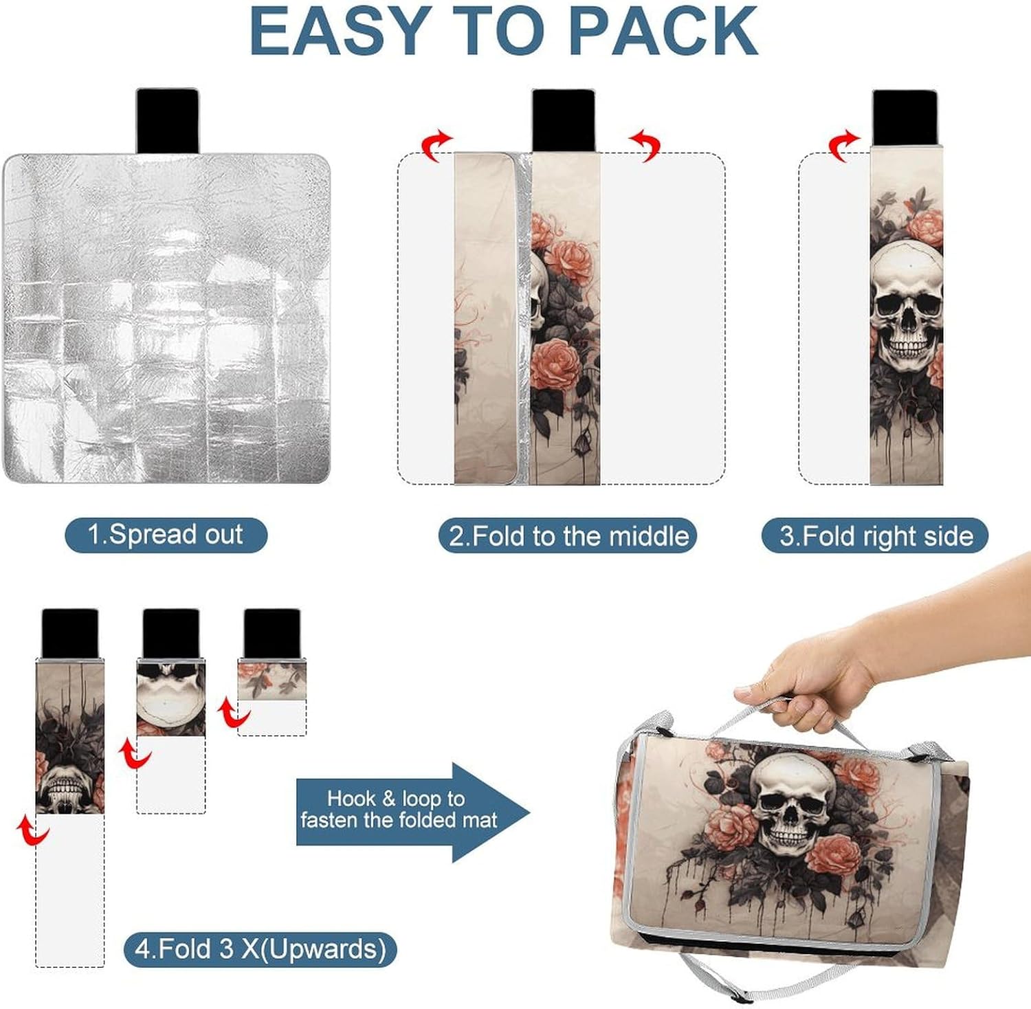 Picnic Blankets Ancient Skull and Flowers Printed Outdoor Beach Blanket Square Picnic Mat Foldable Outdoor Blanket for Spring Summer Camping, Beach, Park, Patio on Grass