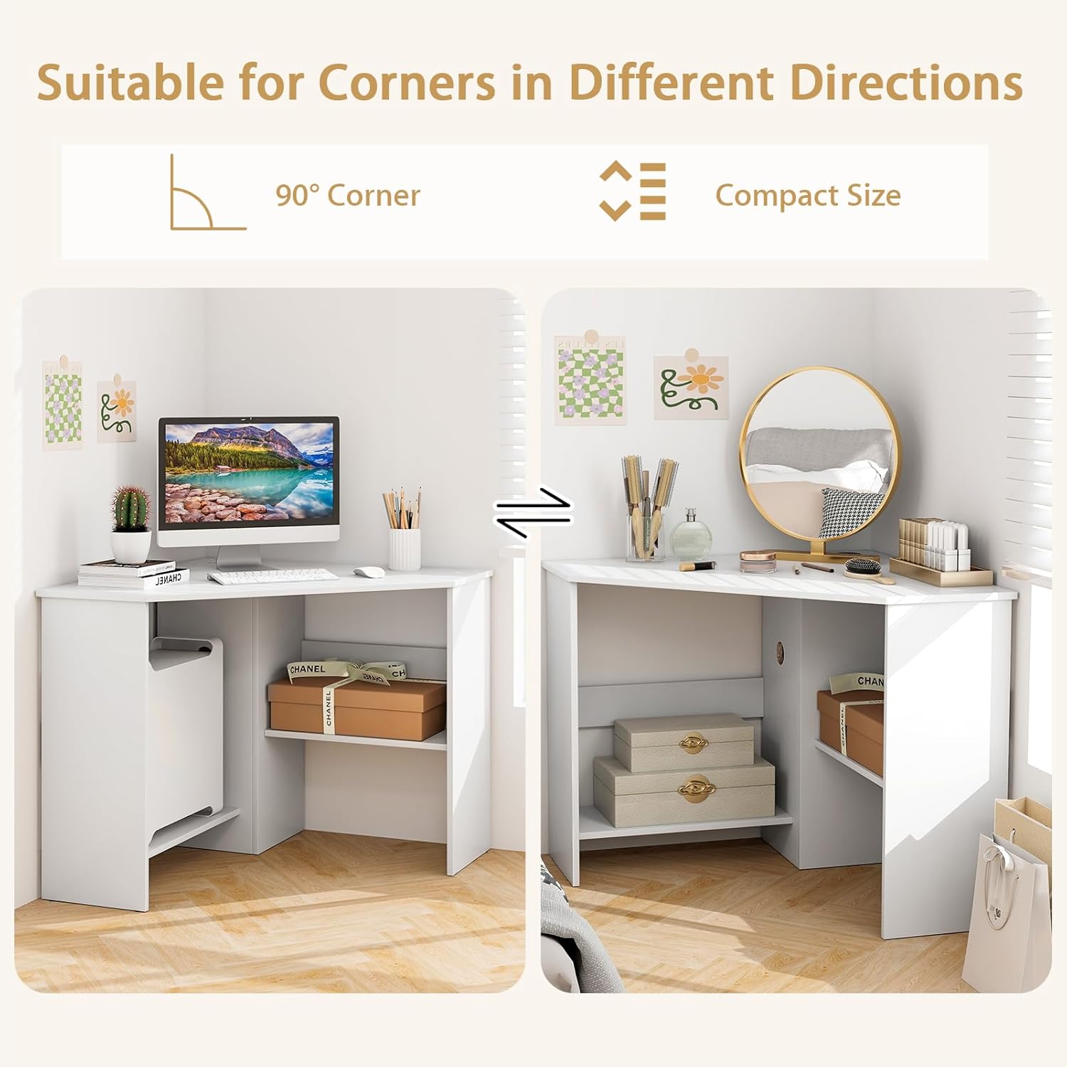 Tangkula White Corner Desk - 90 Degrees Triangle for Computer, Small Space, Bedroom, Makeup Vanity Desk with Storage Shelves & CPU Stand, Space Saving Writing Desk