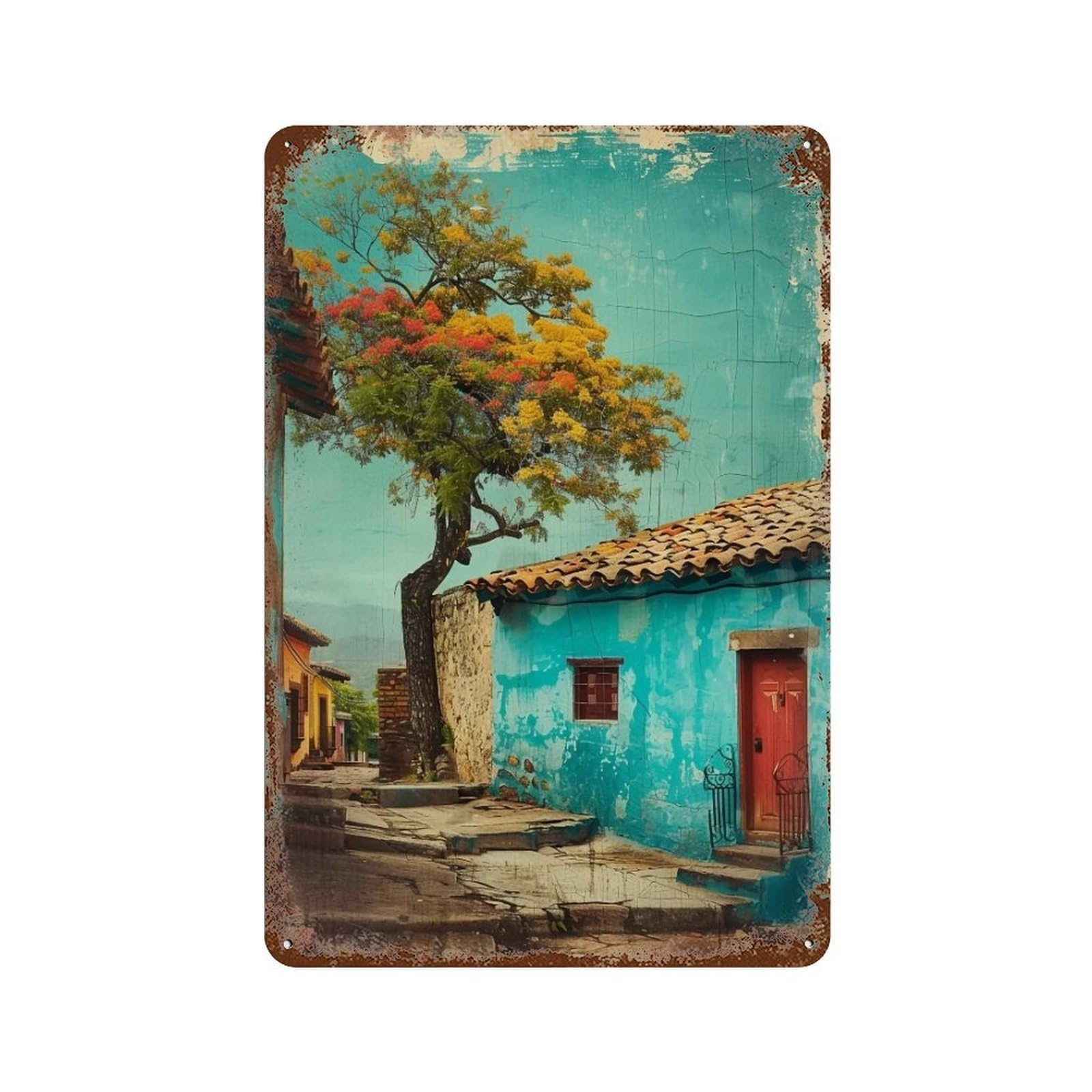 HDURYEYRYY Blue Mediterranean Cottage 01 Wall Retro Iron Vintage Art Metal Tin Sign Poster Modern Home Cofffee Club Art Bar Shop Decor 30x20cm