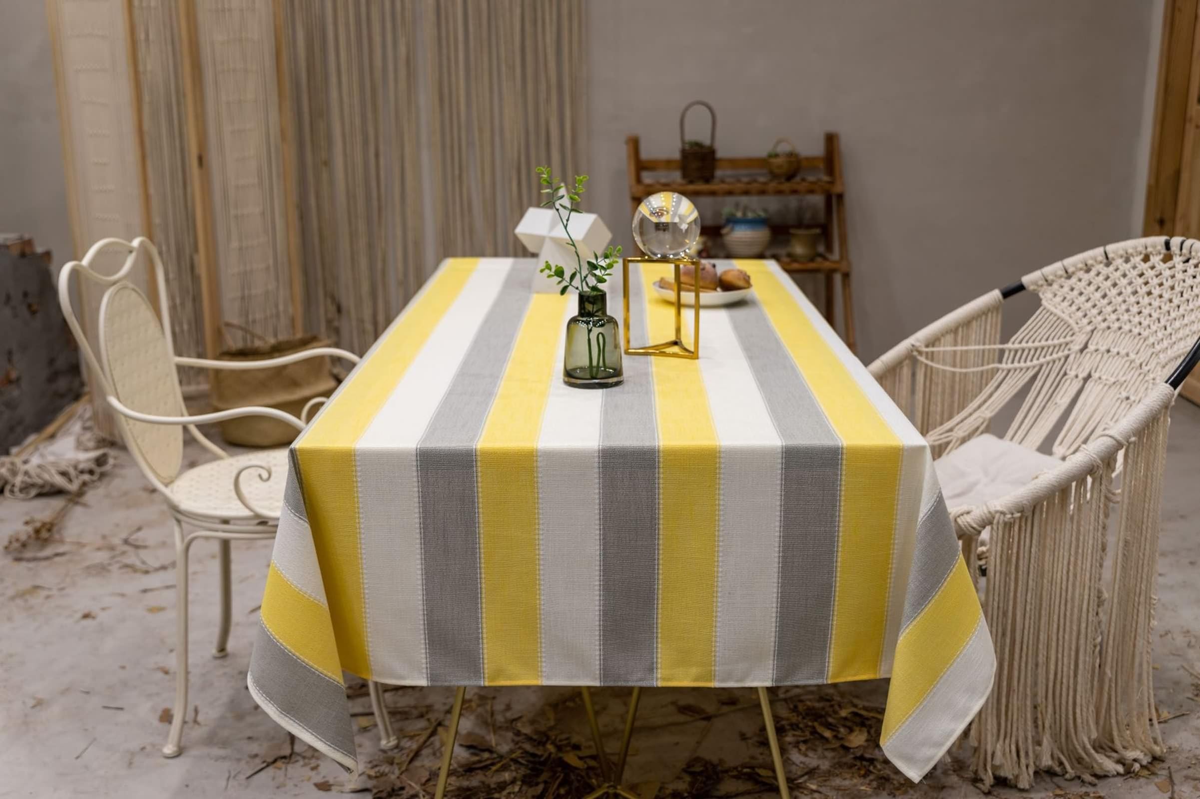 Daesar - Mantel para Mesa Rectangular Antimanchas,Mantel de Lino Antimanchas Empalme de Rayas Mantel Antimanchas Gris Amarillo,135x240CM(94x53Inch)