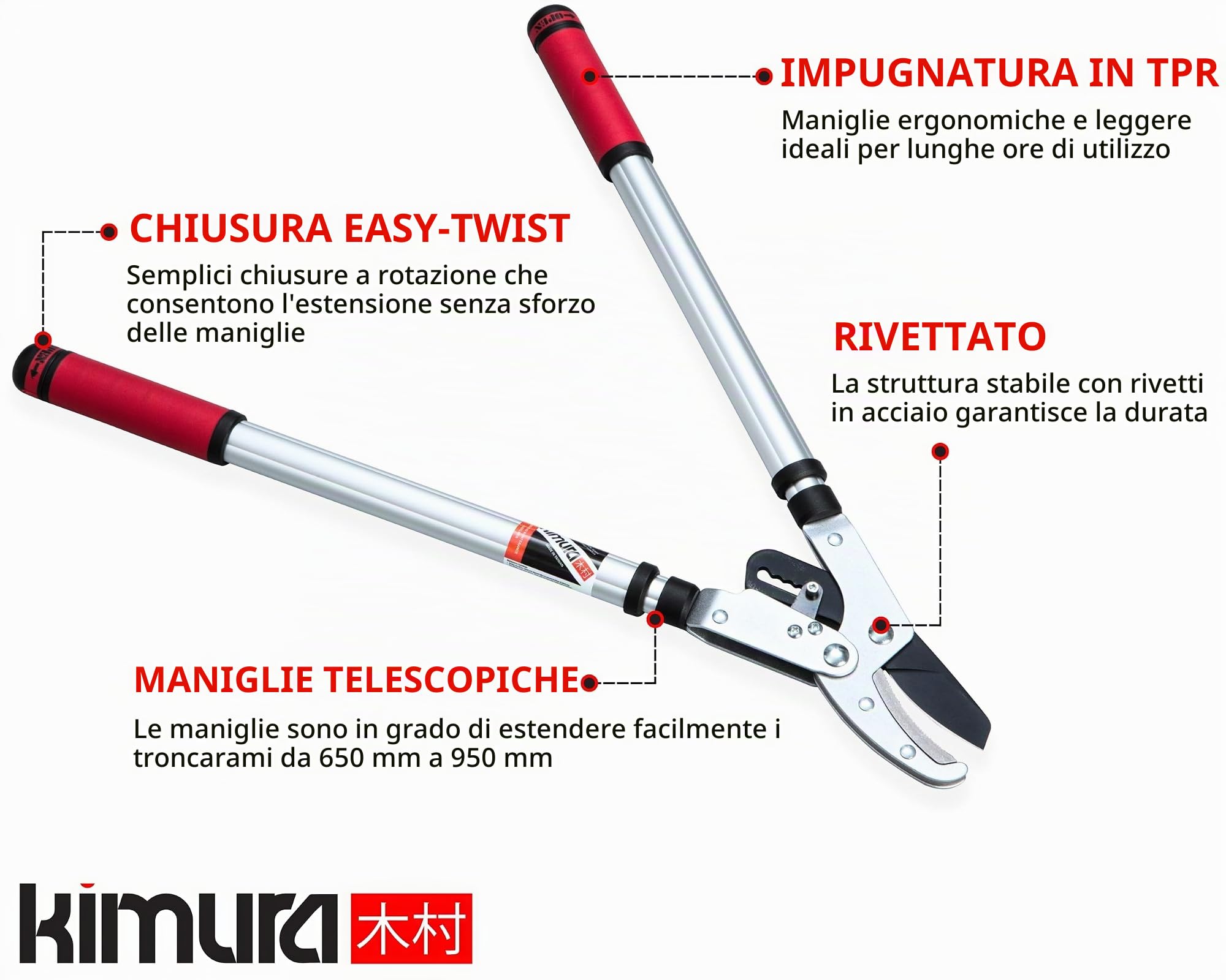 Kimura® Troncarami da Giardino Professionali, Troncarami a Incudine di Alta Qualità con Meccanismo a Cricchetto Avanzato, Manici Telescopici Leggeri, Lame in Acciaio Giapponese SK5, Rosso