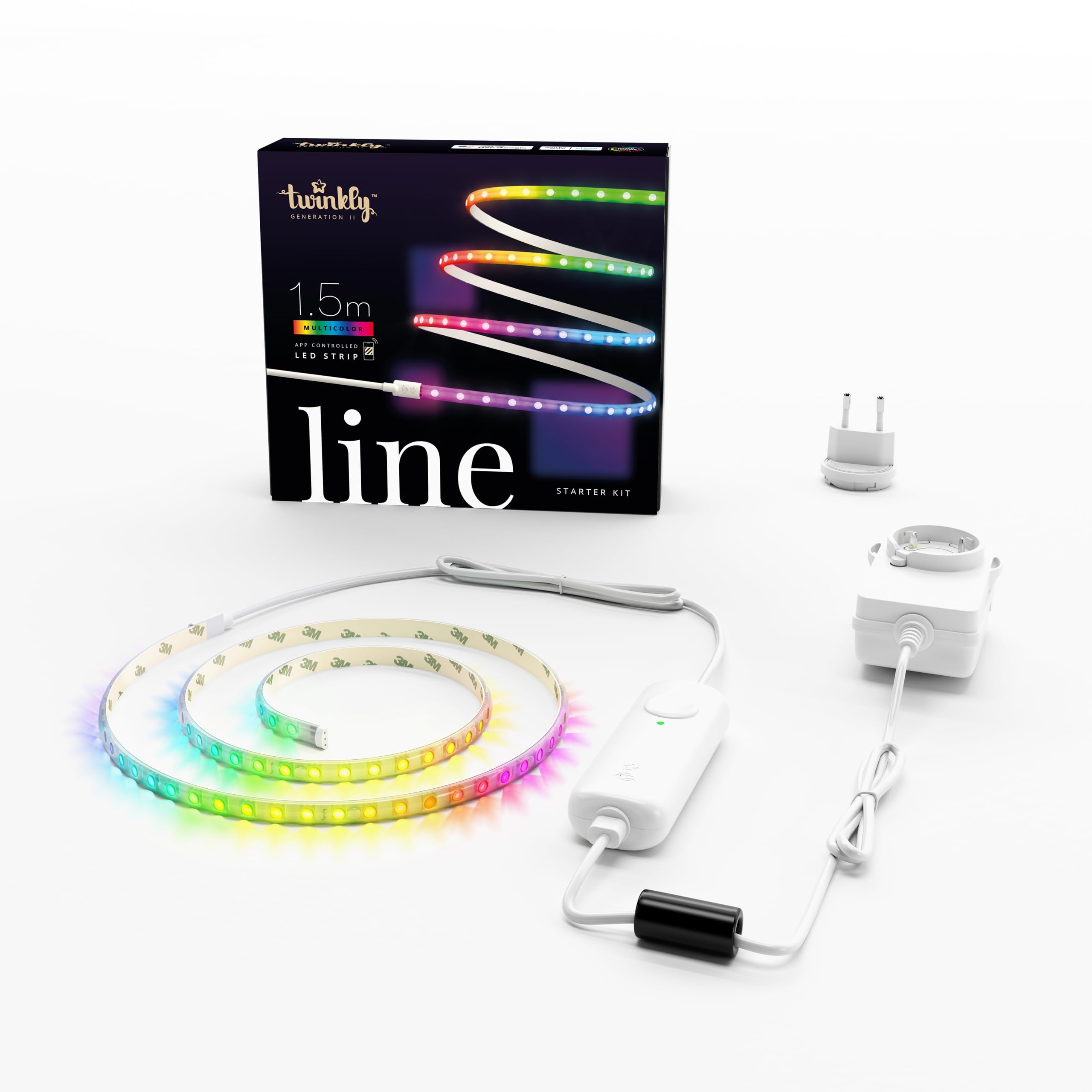 Twinkly Line Starter Kit 1.5m, Striscia LED Multicolore, Kit con Controller Intelligente, Compatibile con Alexa e Google Home, Luci Gaming, 16M+ di Colori, Controllato da App, Filo Bianco