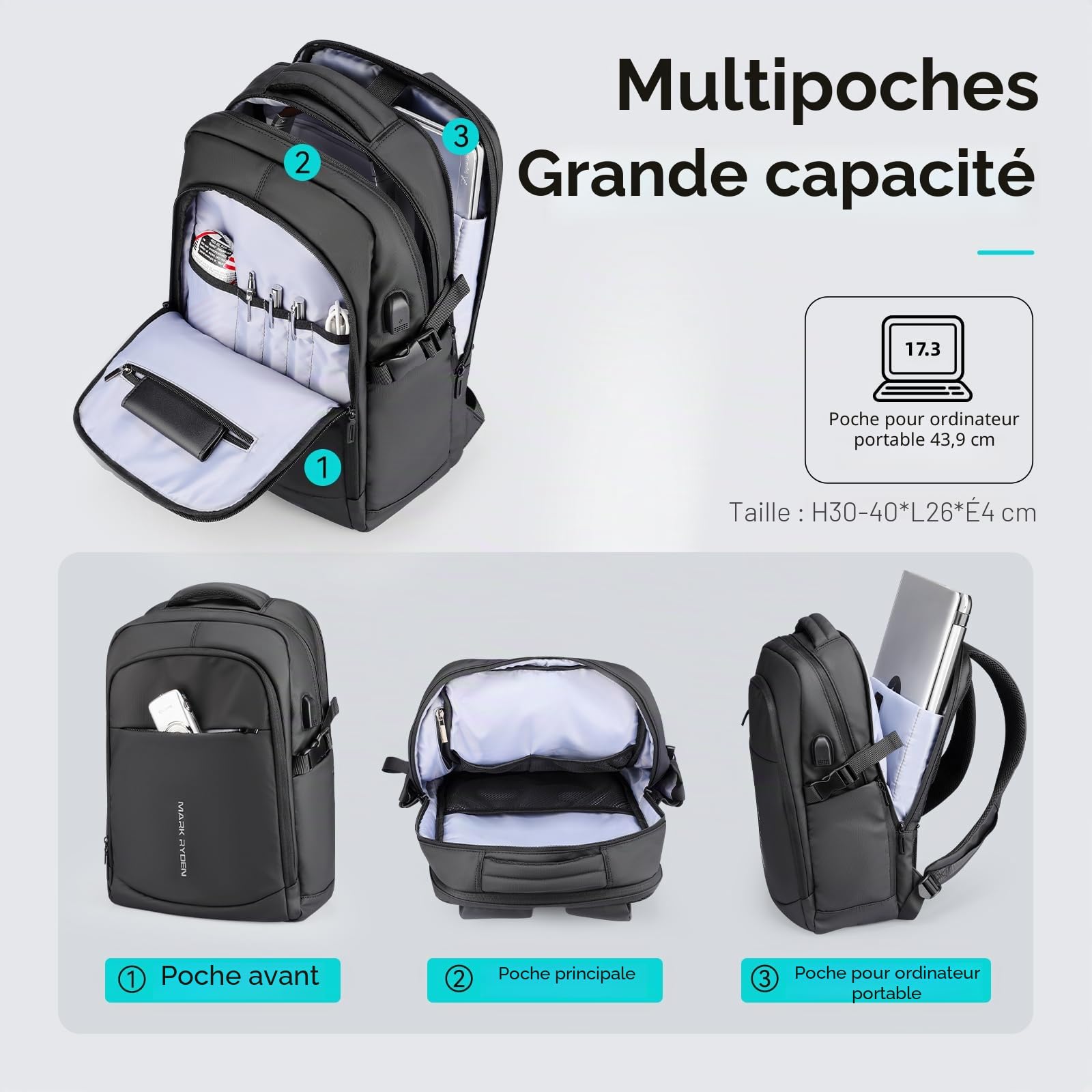 Antivol ImperméableSac à Dos，Mark ryden Ordinateur USB Portable 15.6/14 Pouces Femme Homme Imperméable Sac a Dos PC Portable pour Loisirs/Affaire/Scolaire Sac à Dos de Sport Ultra-Léger/Sac imperméabl