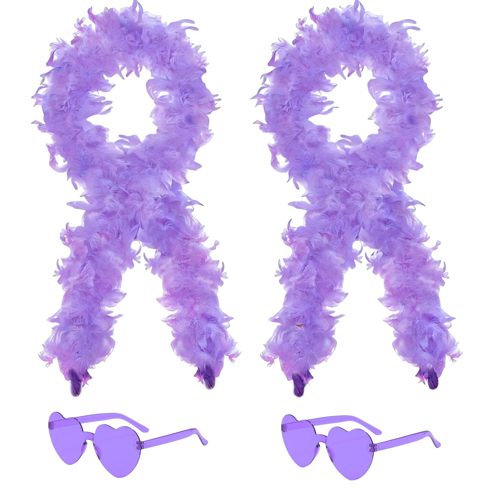 4Pcs Colorful Fancy Dress Feather Boa Set, 4ft Feather Boa with Heart Rimless Sunglasses for Women, Artificial Fluffy Boa Decorations wit for Dancing Wedding Party Cosplay Halloween (Purple)