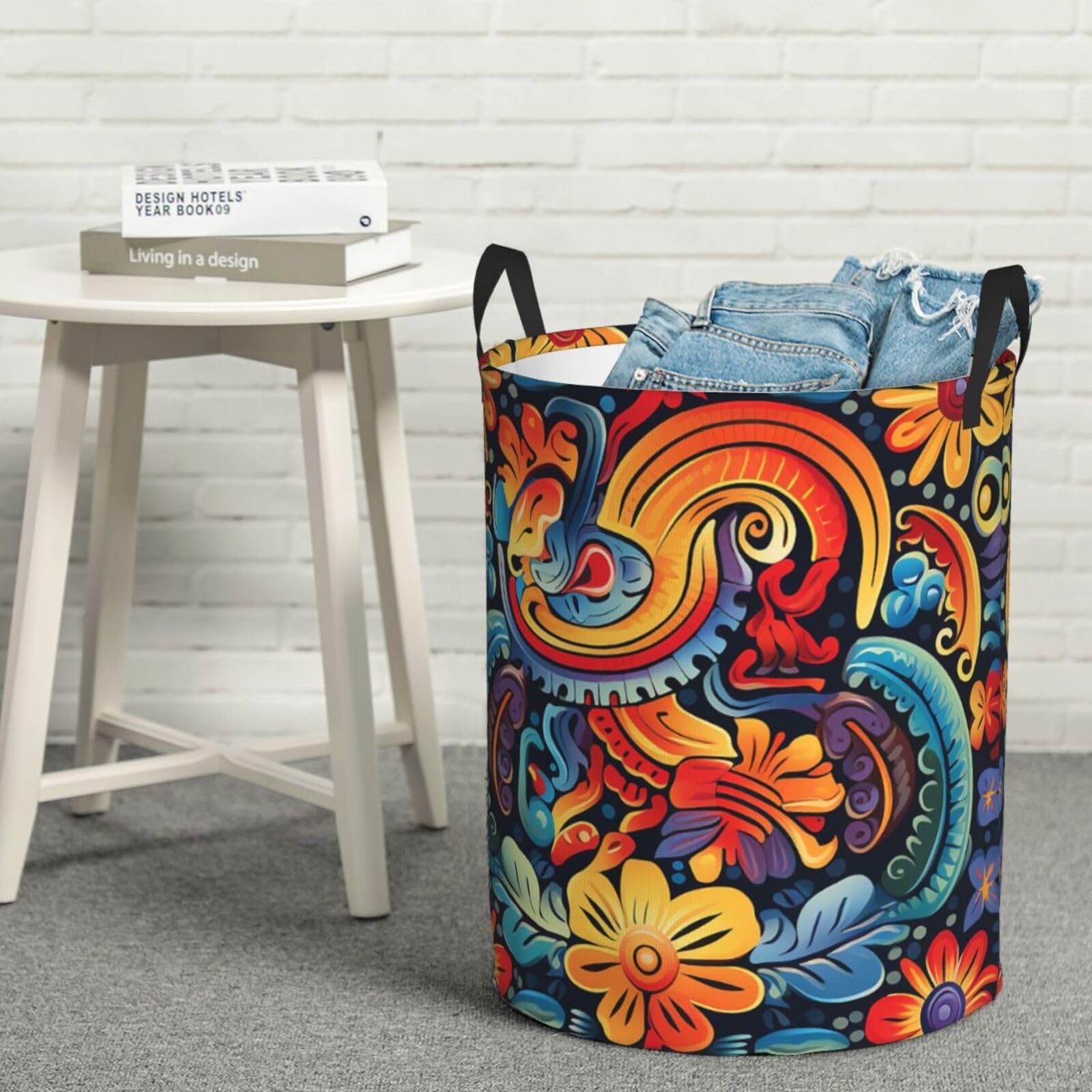 Fodpand Black Mexican Laundry Basket With Handle, Freestanding Laundry Hamper, Collapsible Dirty Clothes Hamper, Waterproof Fabric Blanket Storage Basket Tall Toy Storage Bin Room Decor Medium