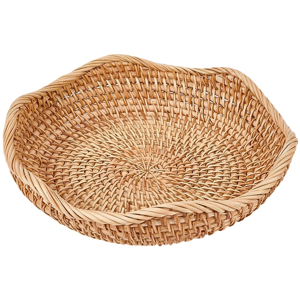 CREATCABIN 8.7" Rattan Wicker Bread Basket Round Natural Handmade Fruit Serving Storage Bowls Hand Woven Small Food Baskets Wave Decorative Tray for Kitchen Counter Organizing Vegetable Snacks Key