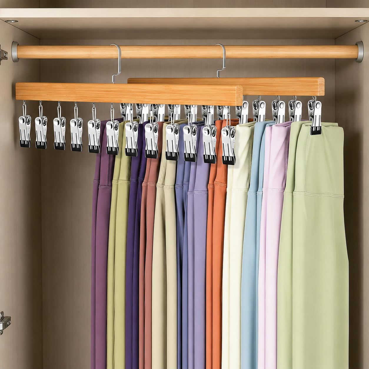 Xygobla Legging Organiser for Closet, 2 Pack Trouser Hangers with 360°Rotation Clips Clips Holds 24 Leggings Trousers, Black Rubber Coated Hanging Closet Organiser (Yellow)