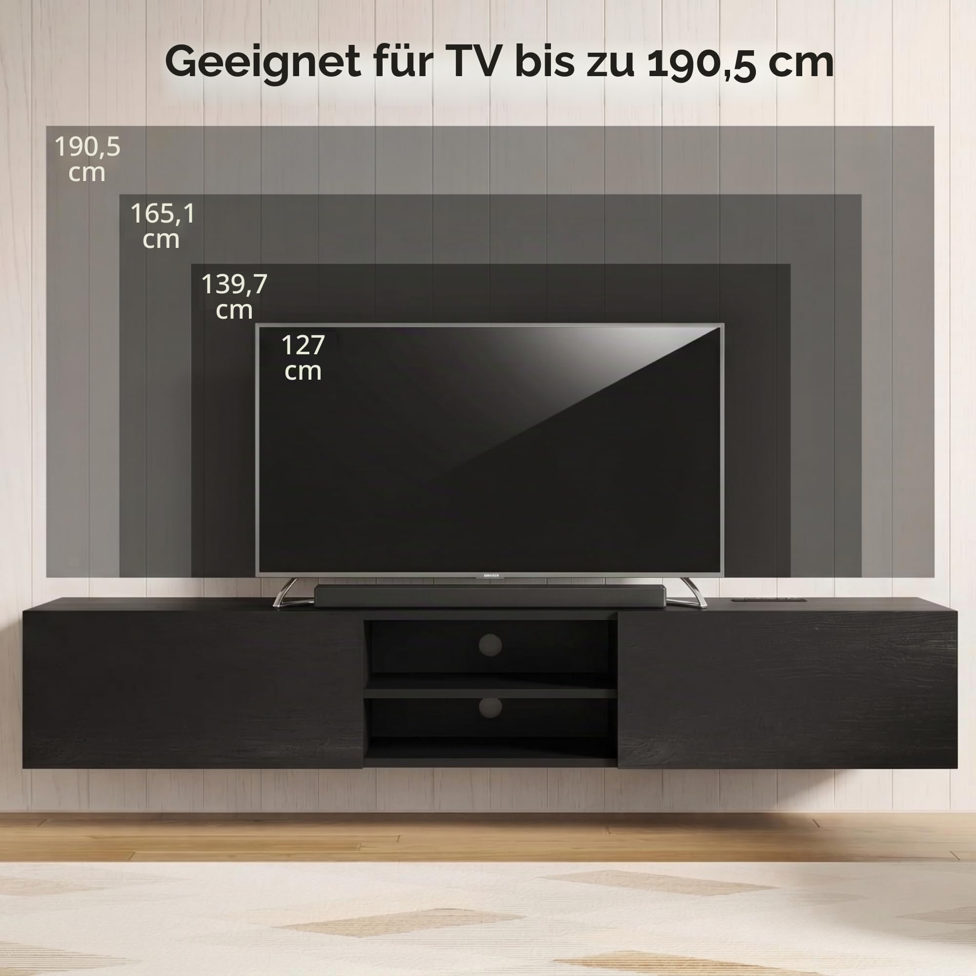 Hangendes TV-Lowboard 180 cm – Wandmontage mit 2 Klappen & offenen Faechern, TV-Schrank in Schwarz Holzoptik, Fuer Fernseher bis 75 Zoll