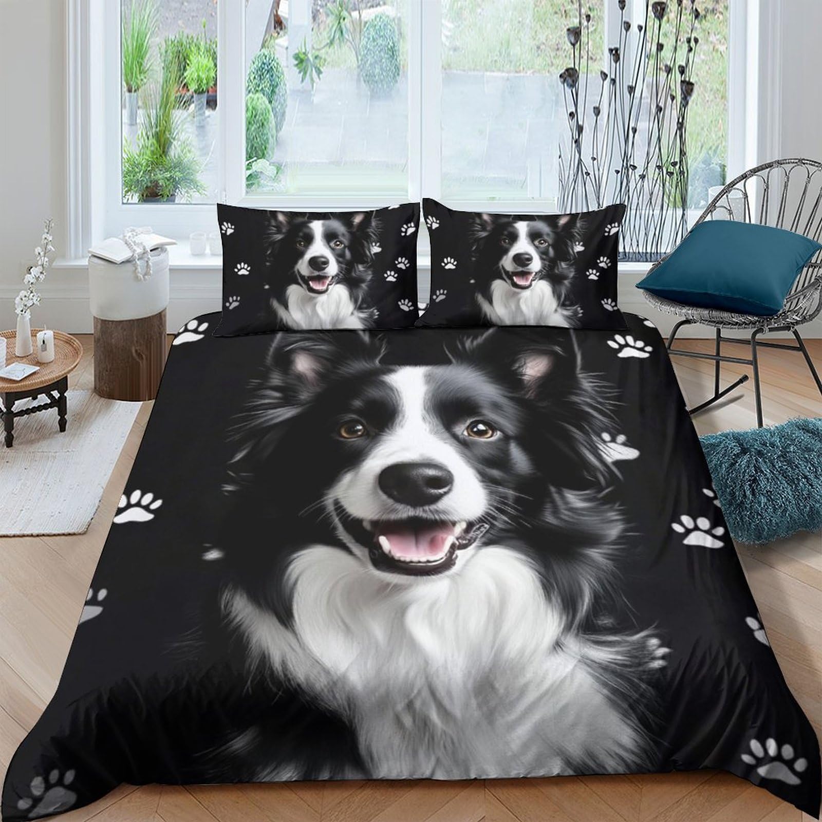 Ctjqhvkz Style-4 3D Printed Border Collie Dog Fitted Sheet Microfiber Soft Black White Paw Print Bed Cover Bedroom Guestroom Decor Single（135X200cm）