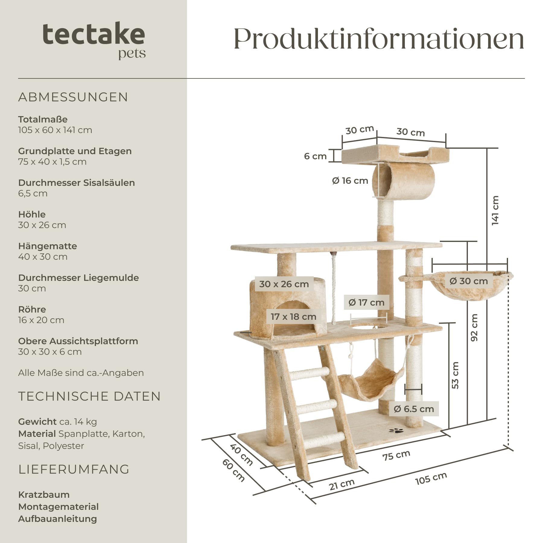 tectake Katzen Kratzbaum, Katzenbaum, Kletterbaum, 141cm hoch, Katzenhaus Indoor mit Hängematte, Höhle, Spielseil und Treppe, Plüsch Sisal, Katzen Kratzmöbel mit Spielzeug, extra breit - beige