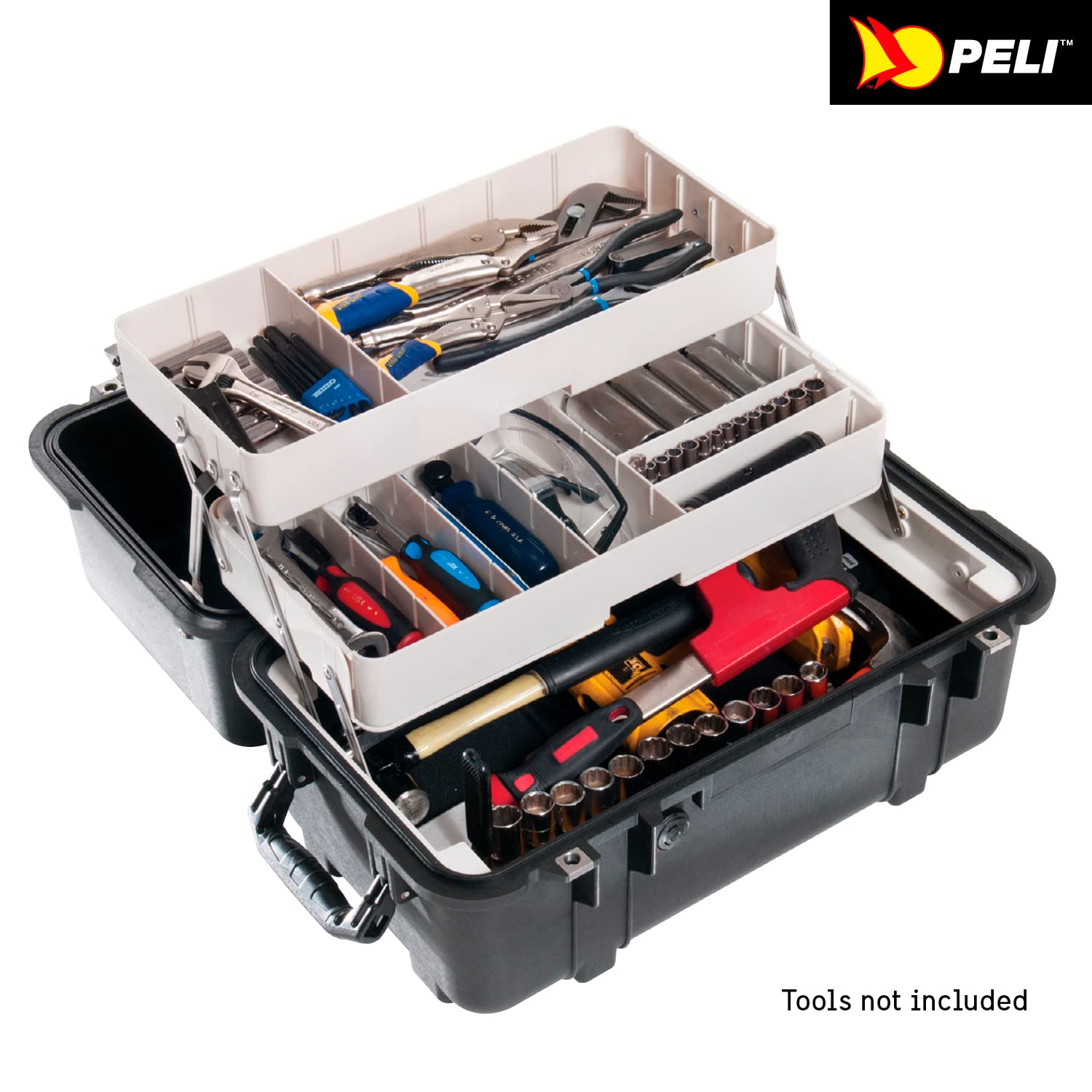 PELI 1460TOOL Caja de Herramientas Profesional Resistente a los Golpes y estanca, IP66 Resistente al Agua y al Polvo, Fabricada en EE.UU, with Adjustable and Removable Tray Dividers, Color Negro, 33L