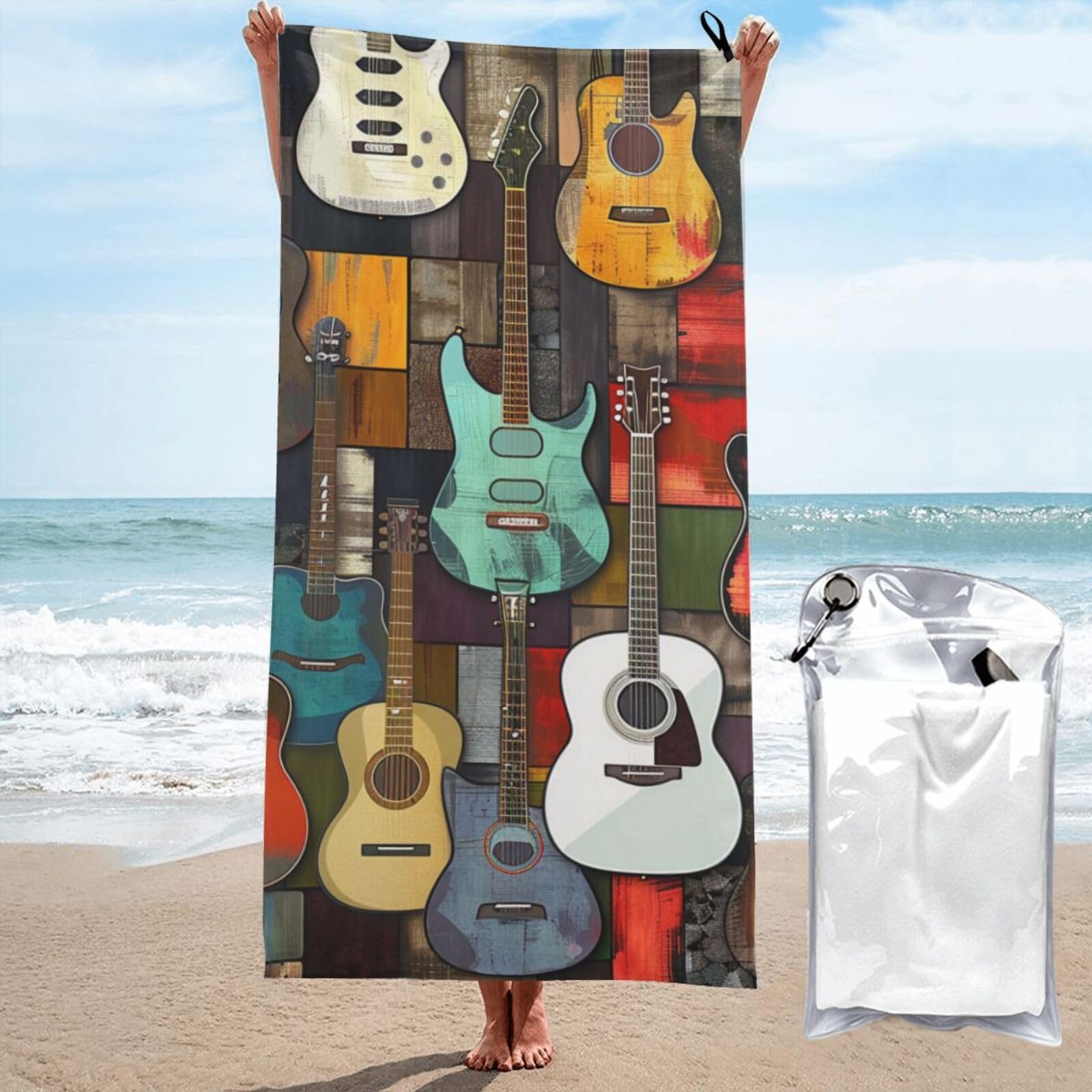 kkvhhyuo Microfiber Beach Towel, Color Acoustic and Guitars Printed Lightweight Quick Dry Travel Bath Sheet with Compact Carry Bag for Swimming Yoga Camping Gym,27.5"x55"