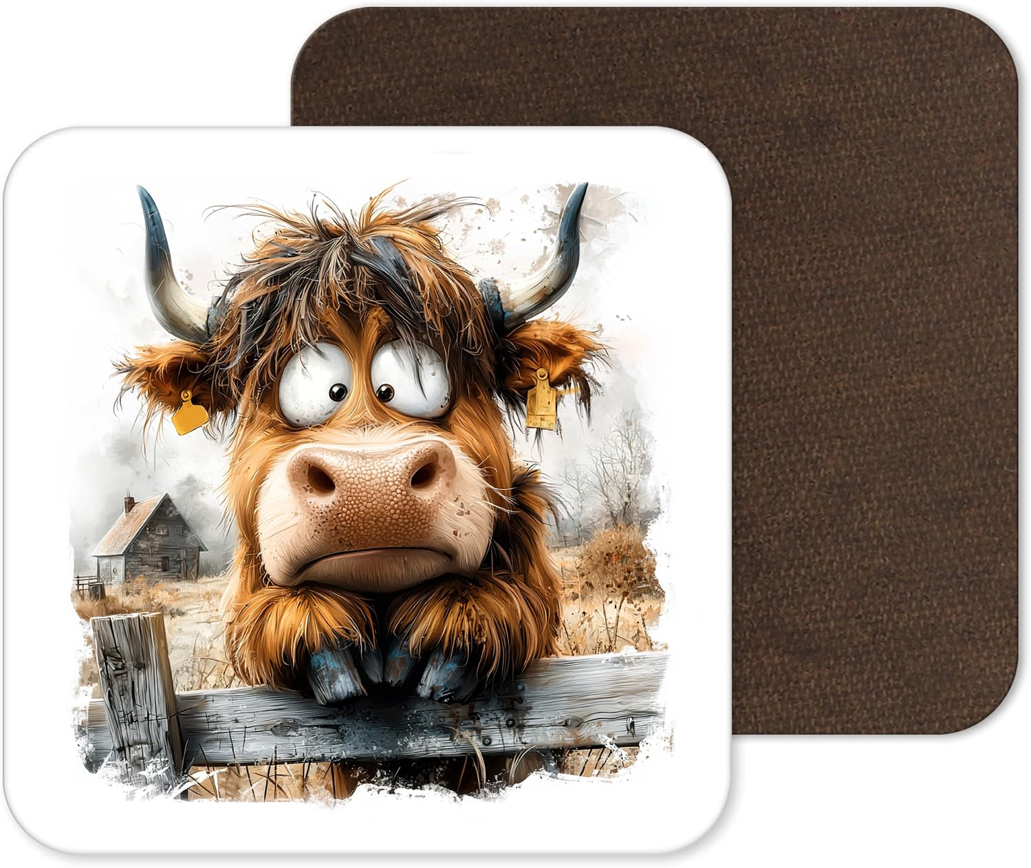 Top Banana Gifts Design 19 Funny And Cute Highland Cow Coasters - 25 Designs - Funny Retro Square Wooden Coaster (Design 19)