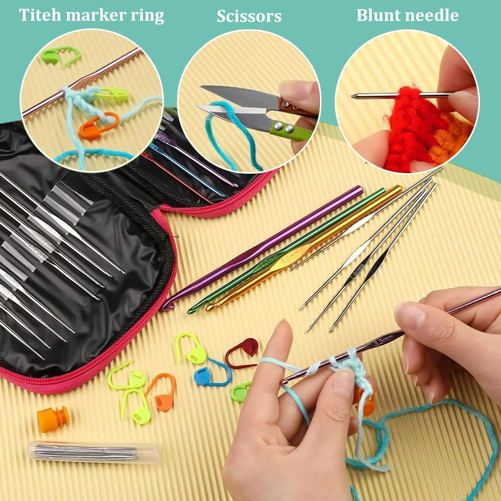 Juego de 54 agujas de ganchillo de aluminio, kit de ganchos de ganchillo ergonómicos con estuche de almacenamiento, juego de agujas de ganchillo, marcador de puntada, manualidades, herramientas de