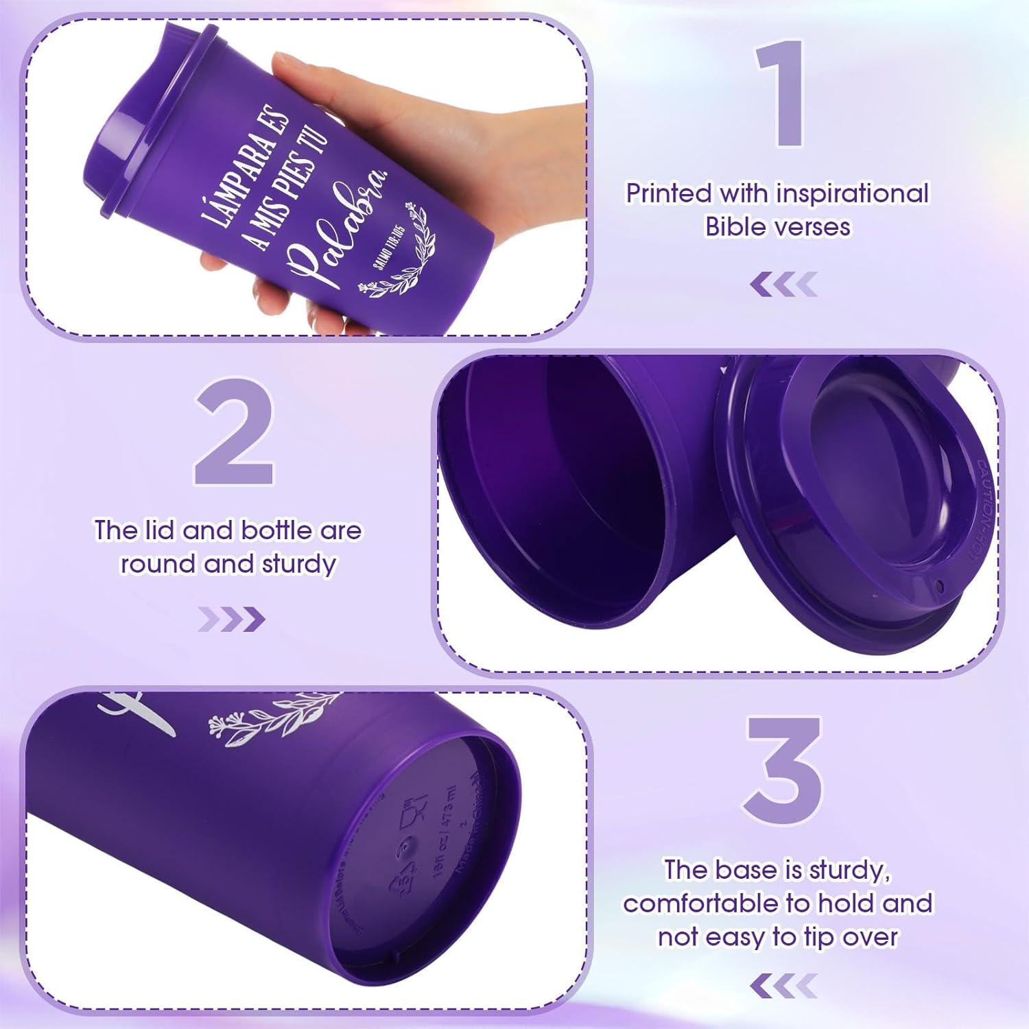 Zhehao Spanish Bible Verse Tumblers Bulk, 16 oz Reusable Plastic Coffee Cups with Lids, Christian Scripture Drinking Cups for Church Events, Teacher Appreciation, Spring Gifts(Purple,24) - Image 4