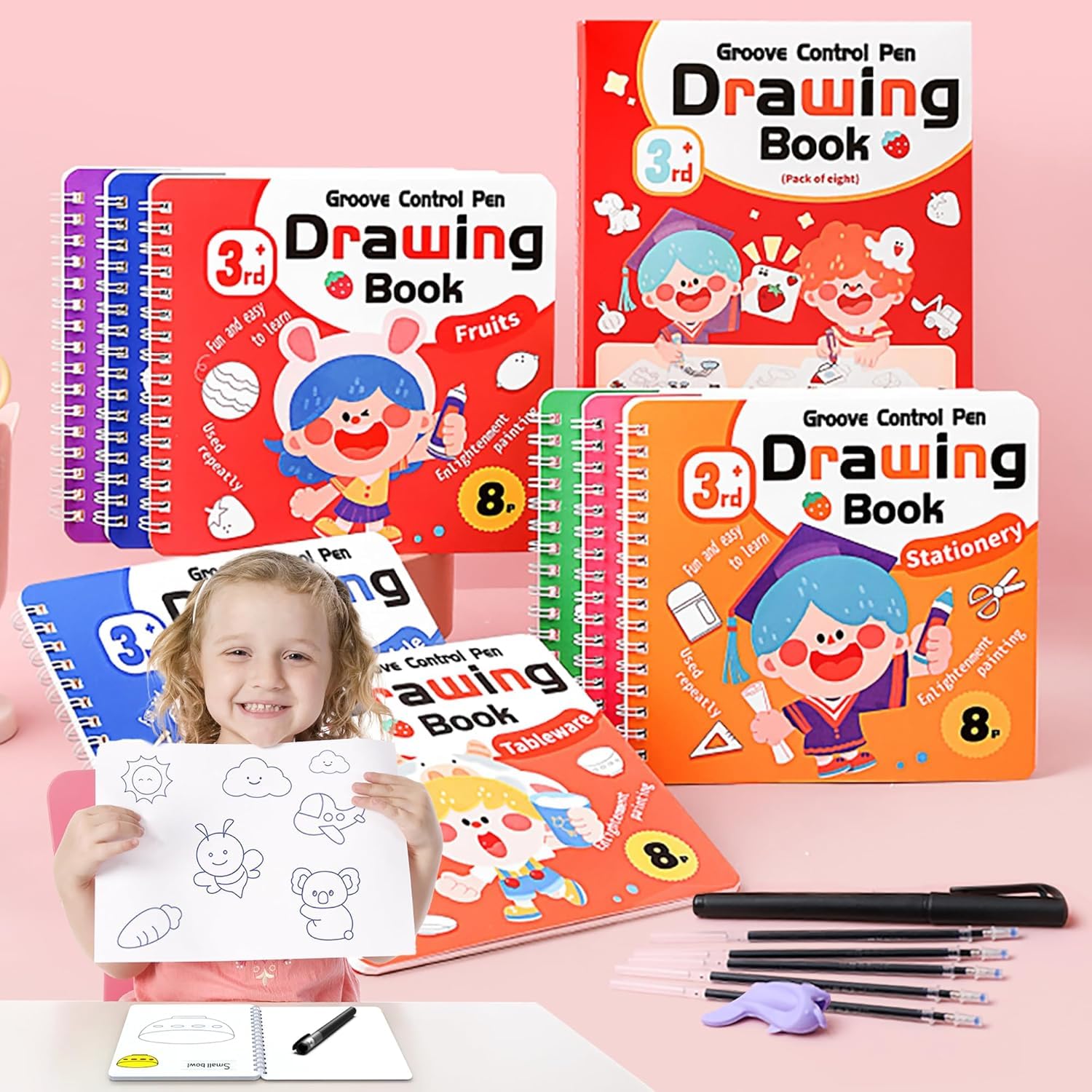 SUPER TOY 4Pc Magic Drawing Book for Kids Reusable Art Craft Practice Workbook for Toddlers 3-12 Years with 4 Refills Trace Drawing Book for Boys Girls Birthday Gift (Assorted Patterns)