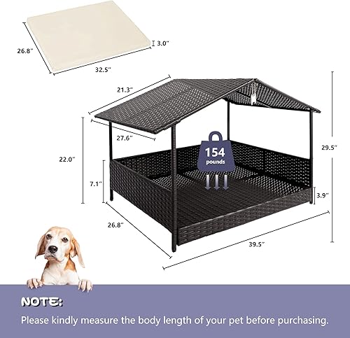 Miniatura 7 de MAGIC UNION Casa de mimbre para perros, cama elevada de ratán para exteriores, con techo, casa grande para perros, sofá de mimbre para perros,